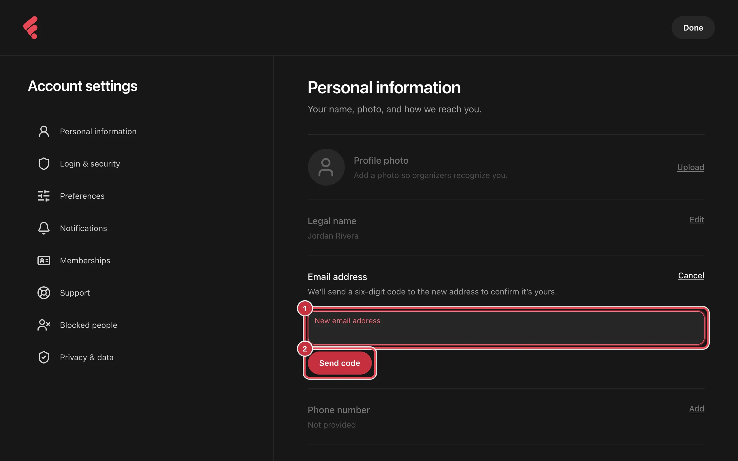 The Email address row open, with the New email address field and the Send code button highlighted