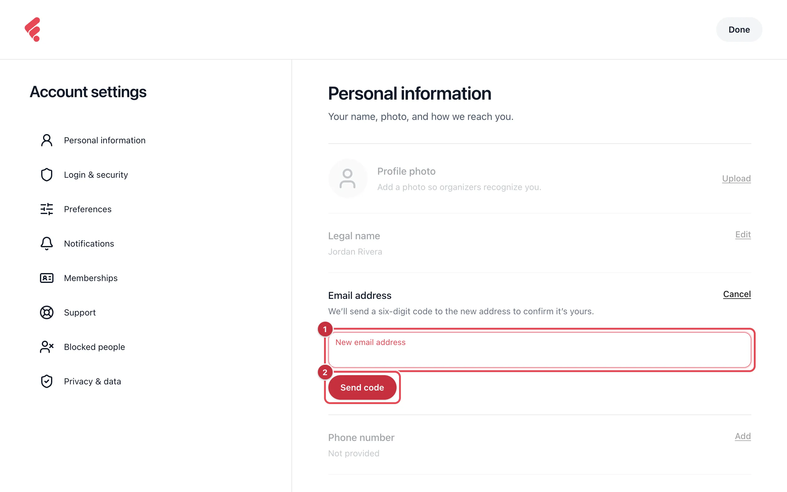 The Email address row open, with the New email address field and the Send code button highlighted