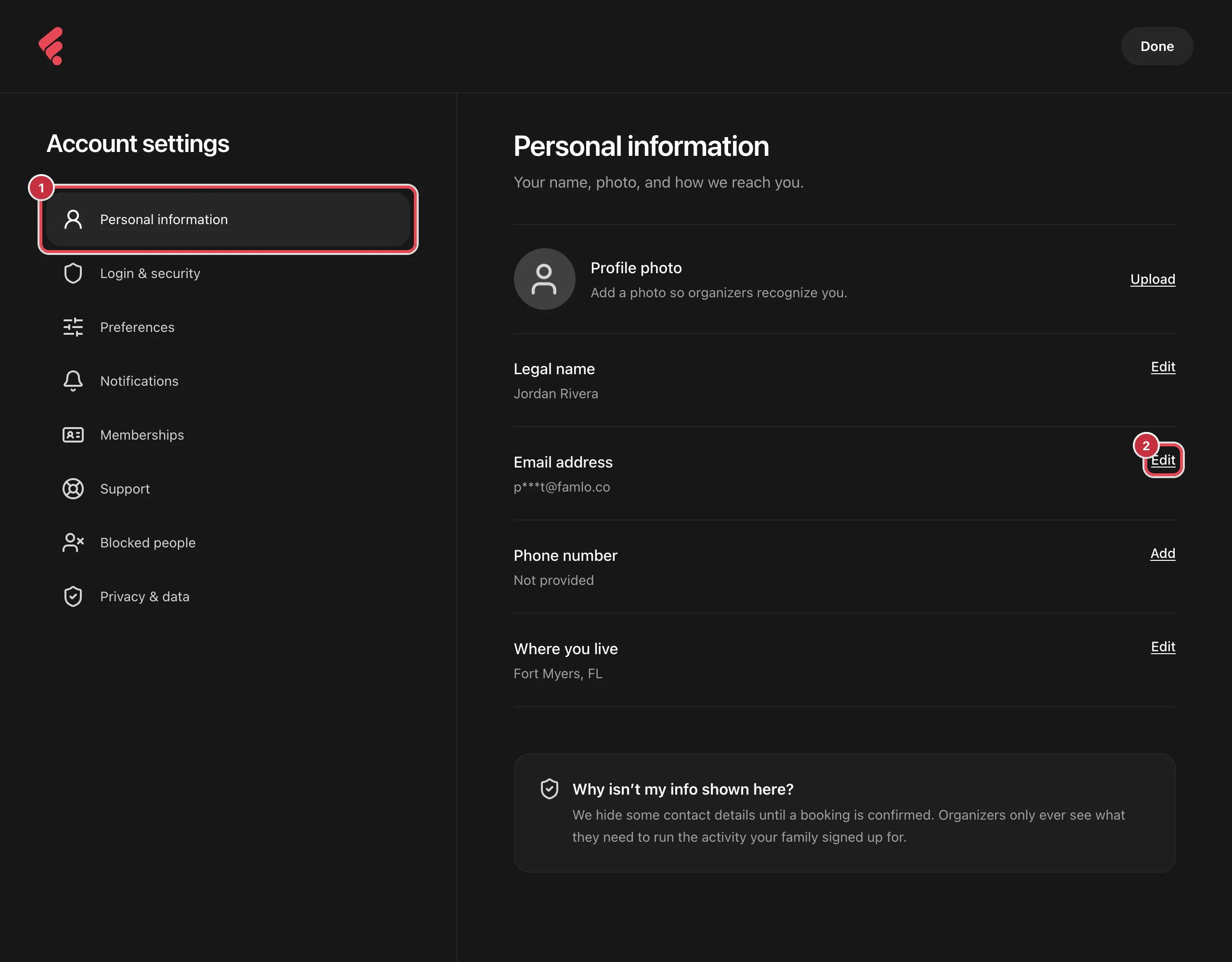 Account settings with Personal information highlighted in the list, and the Edit link beside Email address highlighted