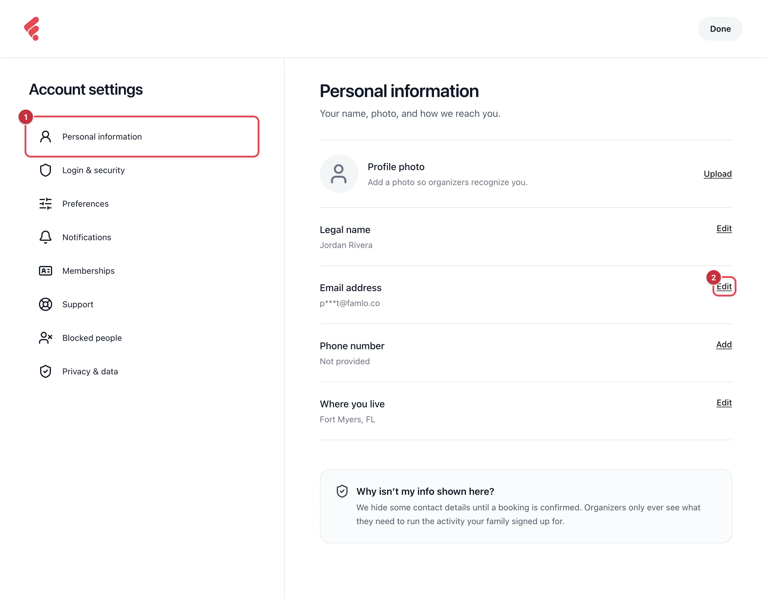 Account settings with Personal information highlighted in the list, and the Edit link beside Email address highlighted