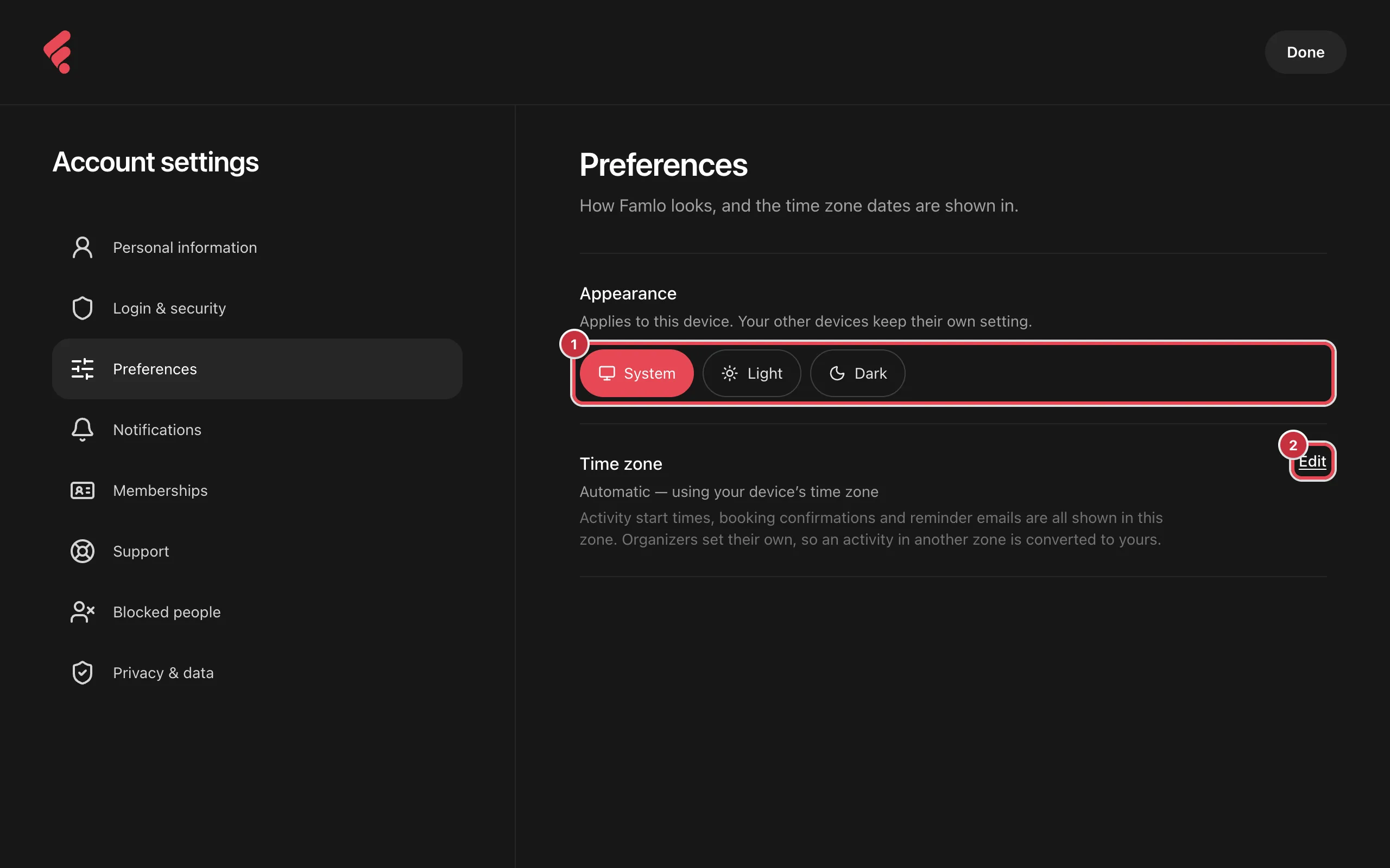 The Preferences page with the System, Light and Dark choices highlighted under Appearance, and the Edit link beside Time zone highlighted