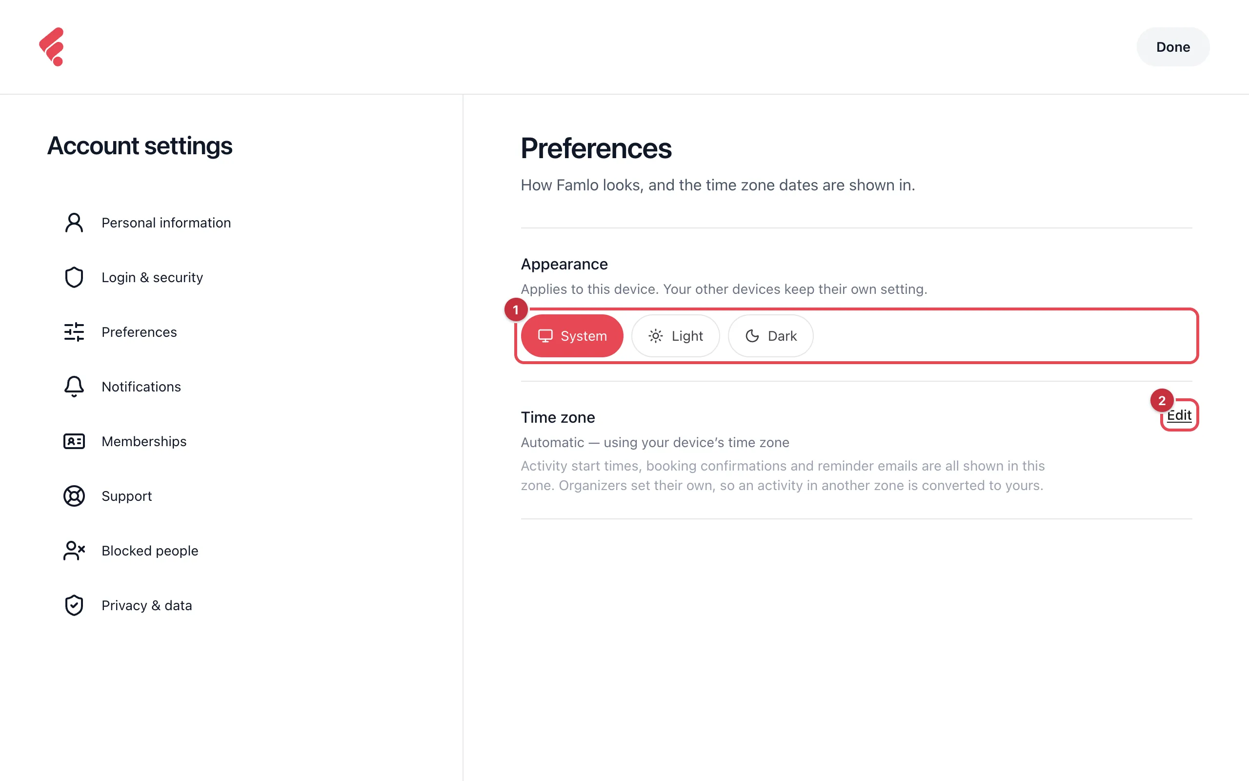 The Preferences page with the System, Light and Dark choices highlighted under Appearance, and the Edit link beside Time zone highlighted