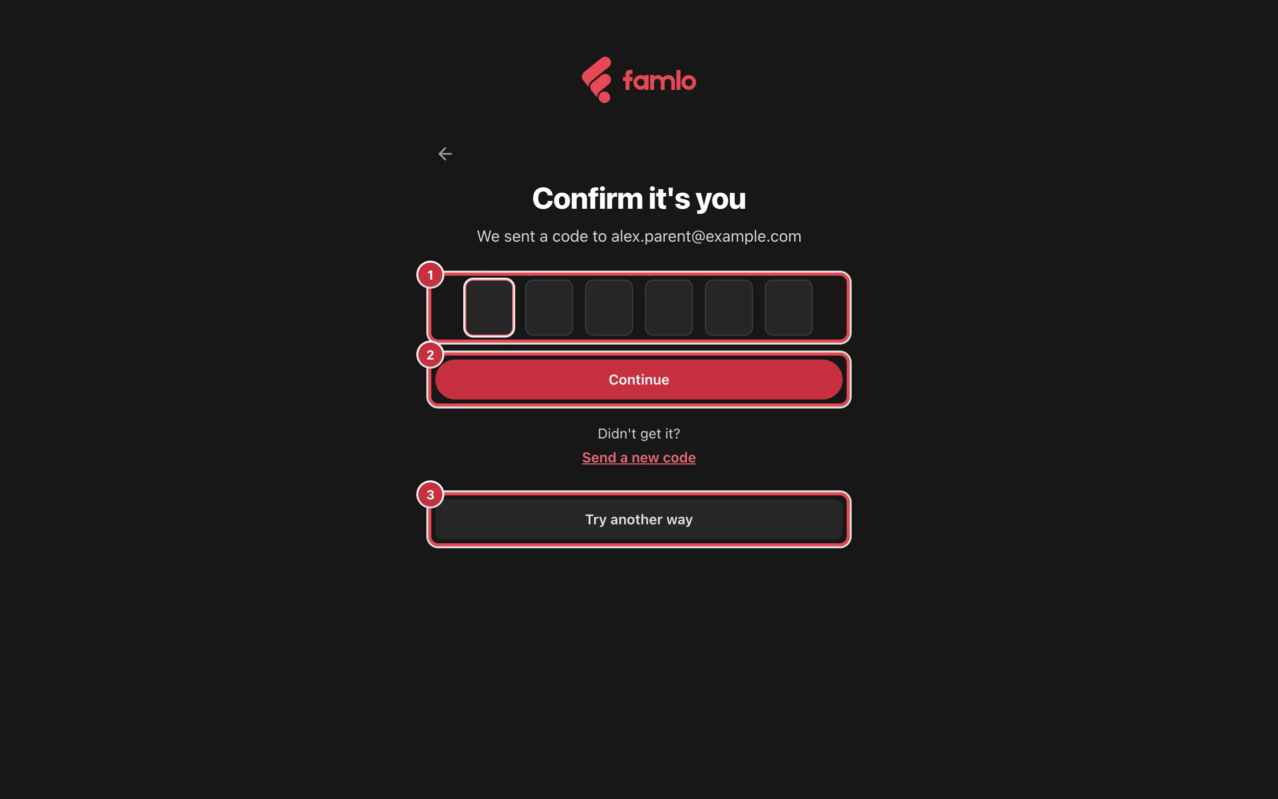 The Confirm it's you screen with the six code boxes, the Continue button and Try another way highlighted