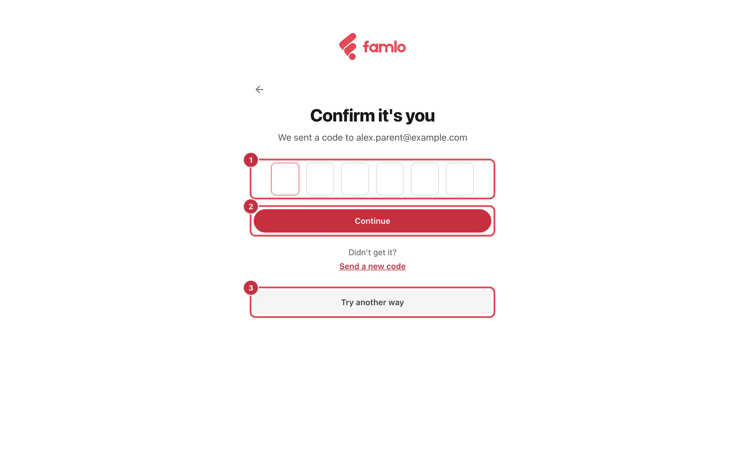 The Confirm it's you screen with the six code boxes, the Continue button and Try another way highlighted
