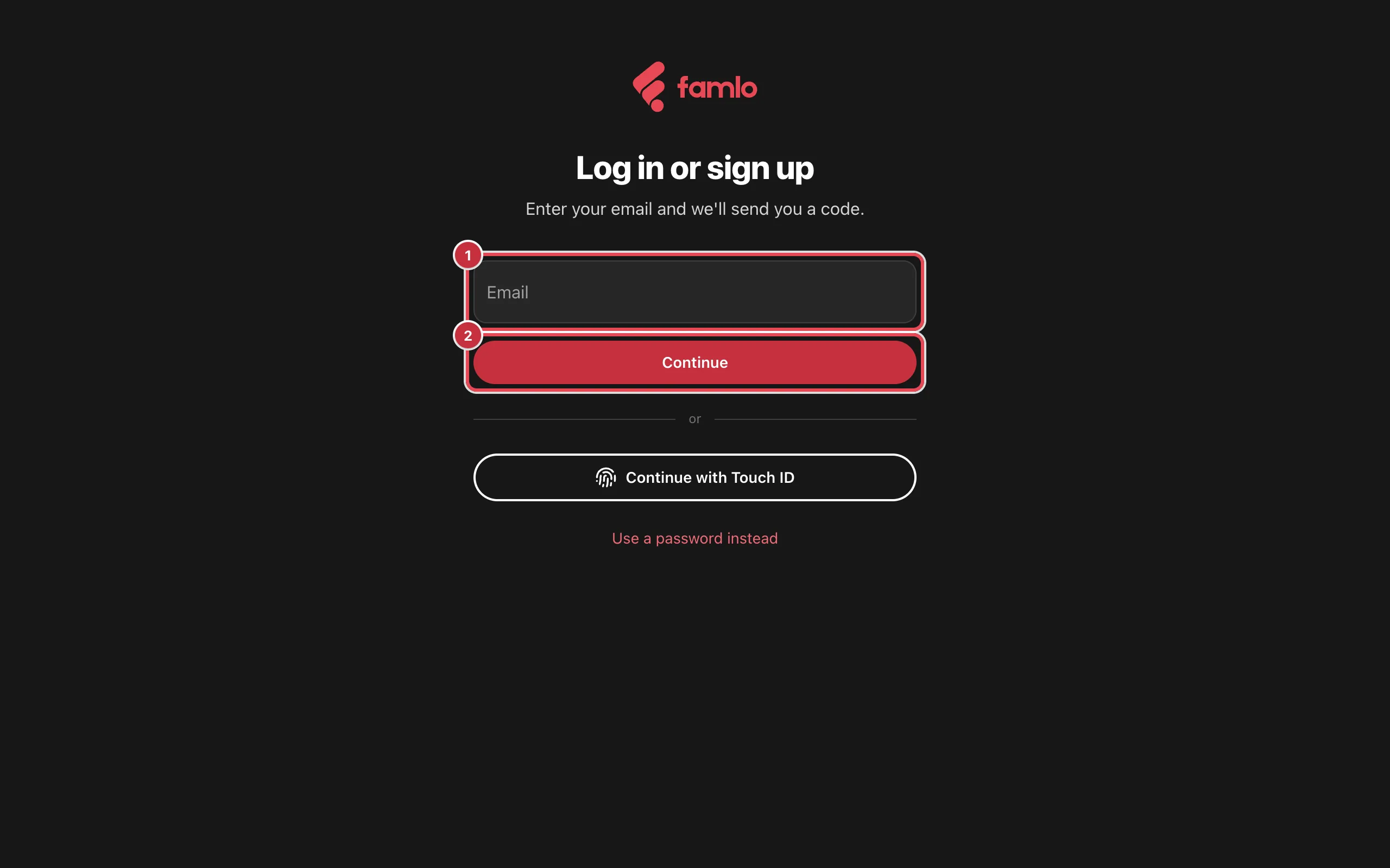 The Log in or sign up screen with the Email field and the Continue button highlighted, above a passkey button and the Use a password instead link