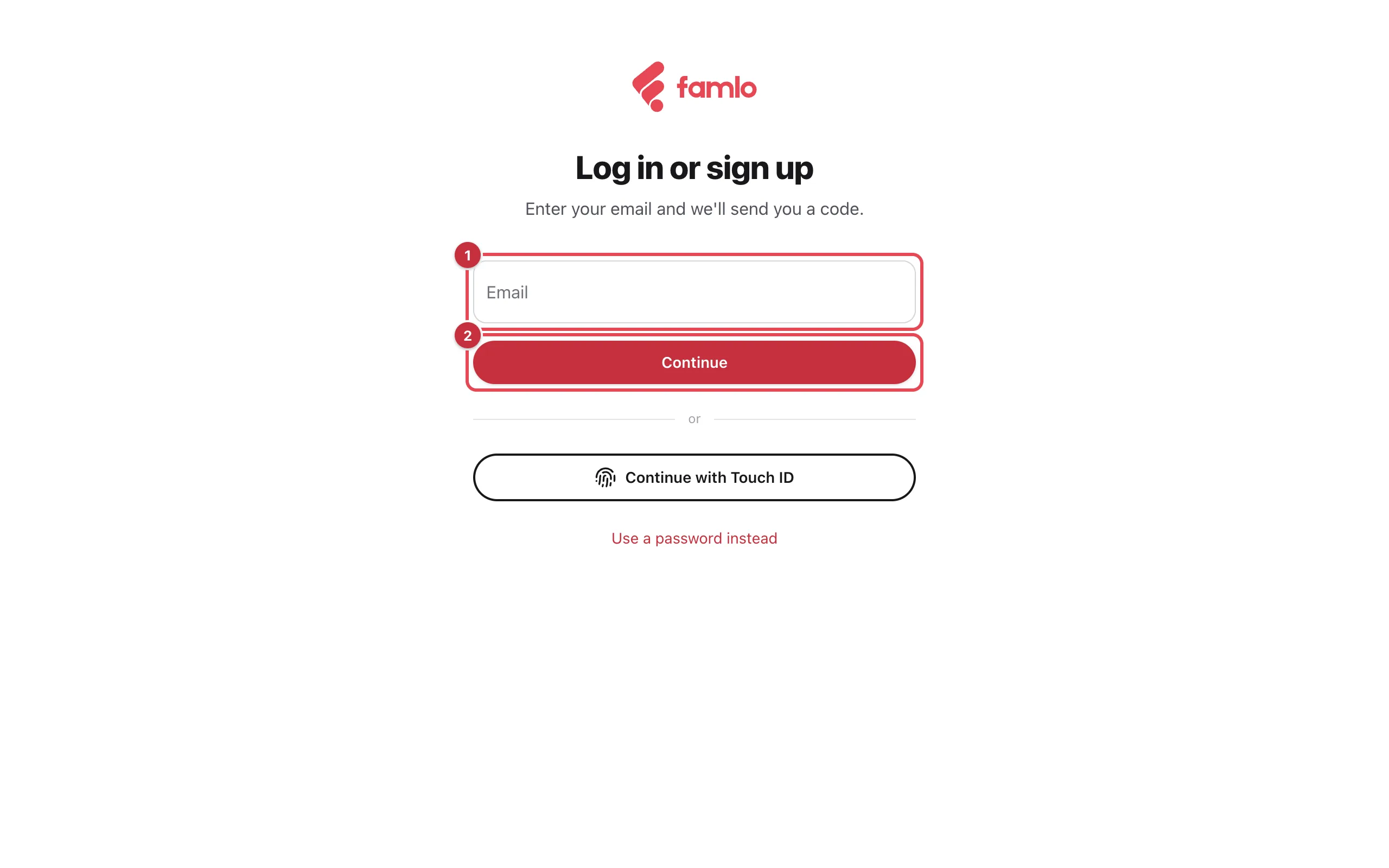 The Log in or sign up screen with the Email field and the Continue button highlighted, above a passkey button and the Use a password instead link