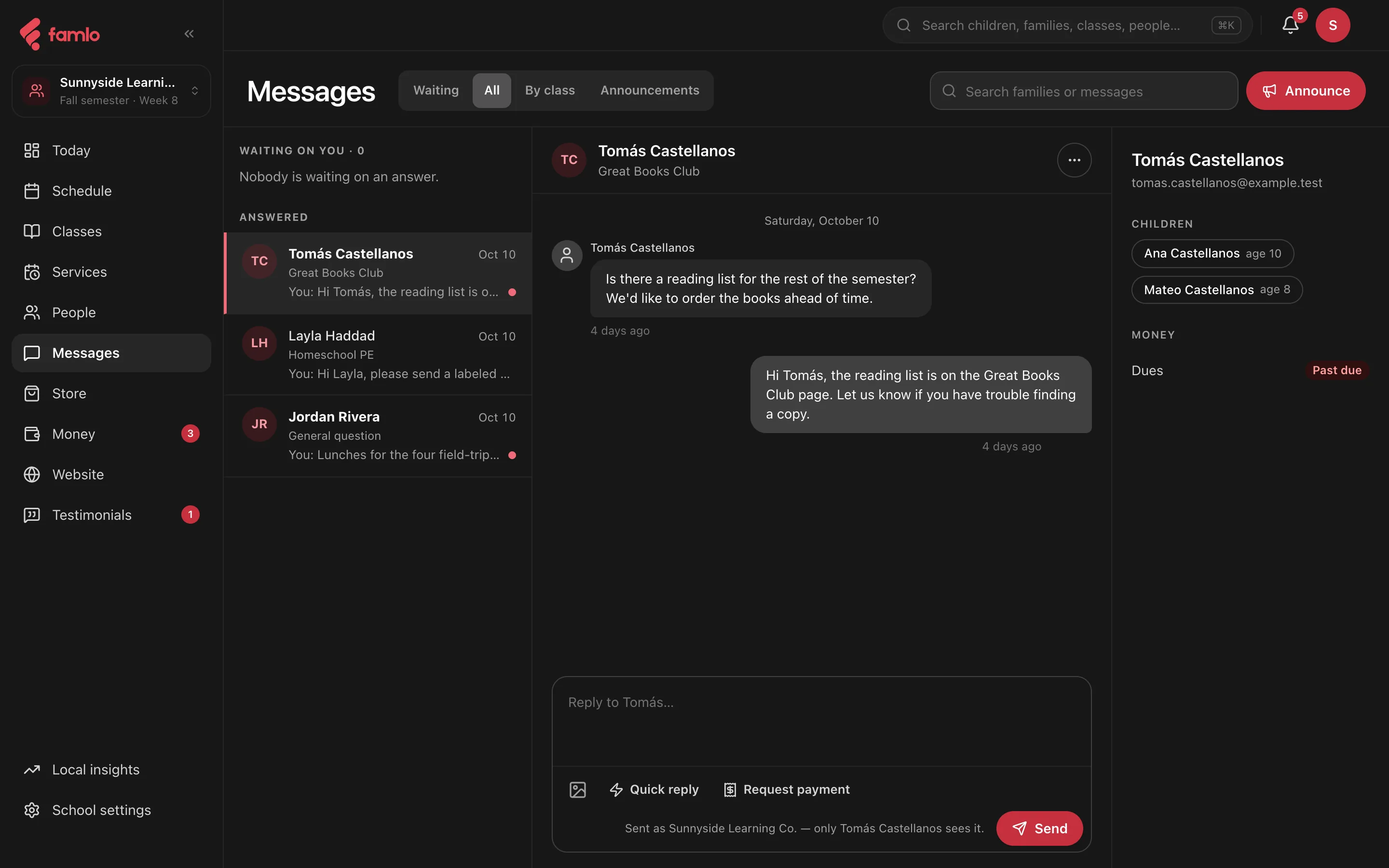 The console's Messages place: the list of places on the left, the team inbox with All, Waiting and By class filters, a conversation with a parent, and the Announce button