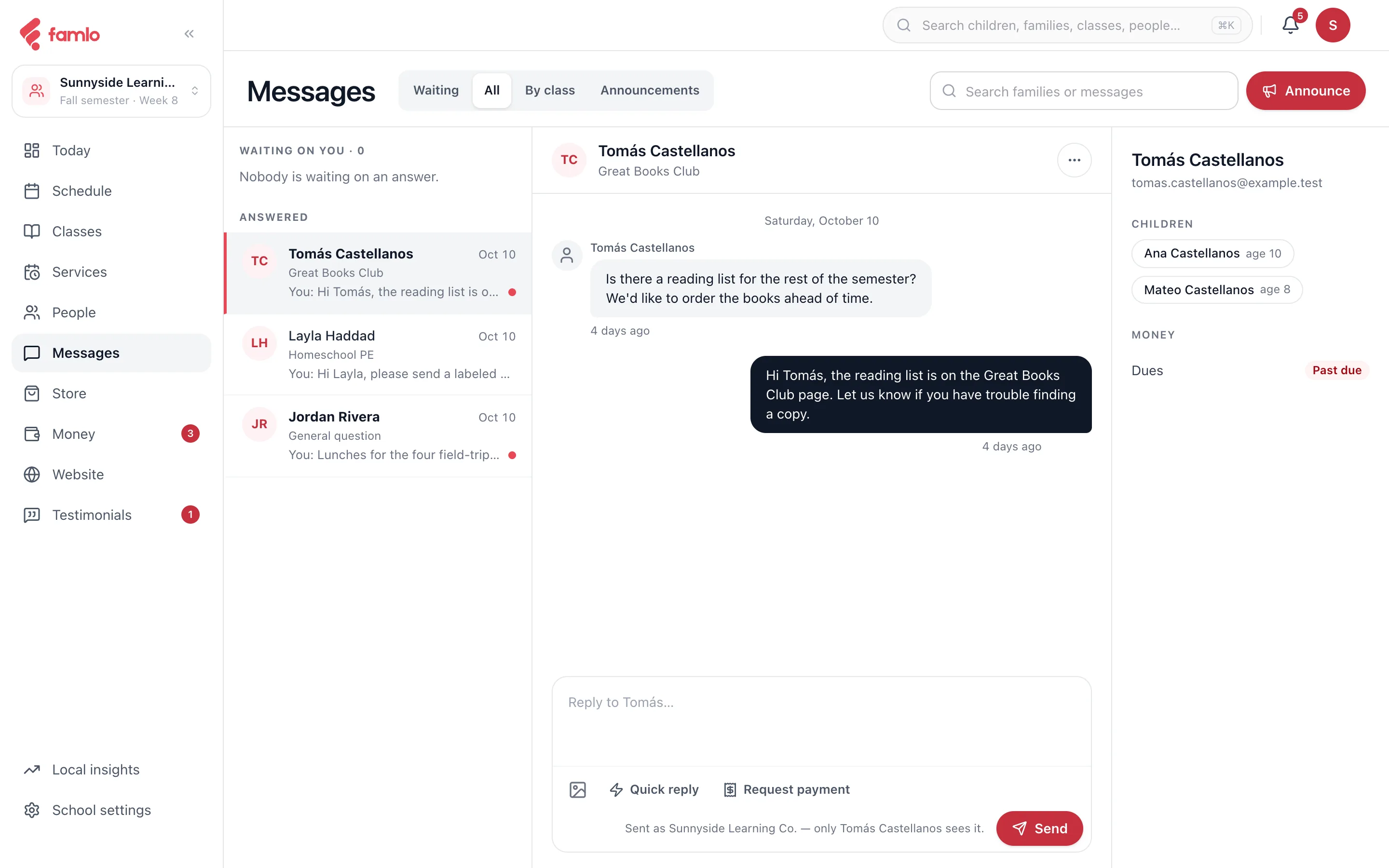 The console's Messages place: the list of places on the left, the team inbox with All, Waiting and By class filters, a conversation with a parent, and the Announce button