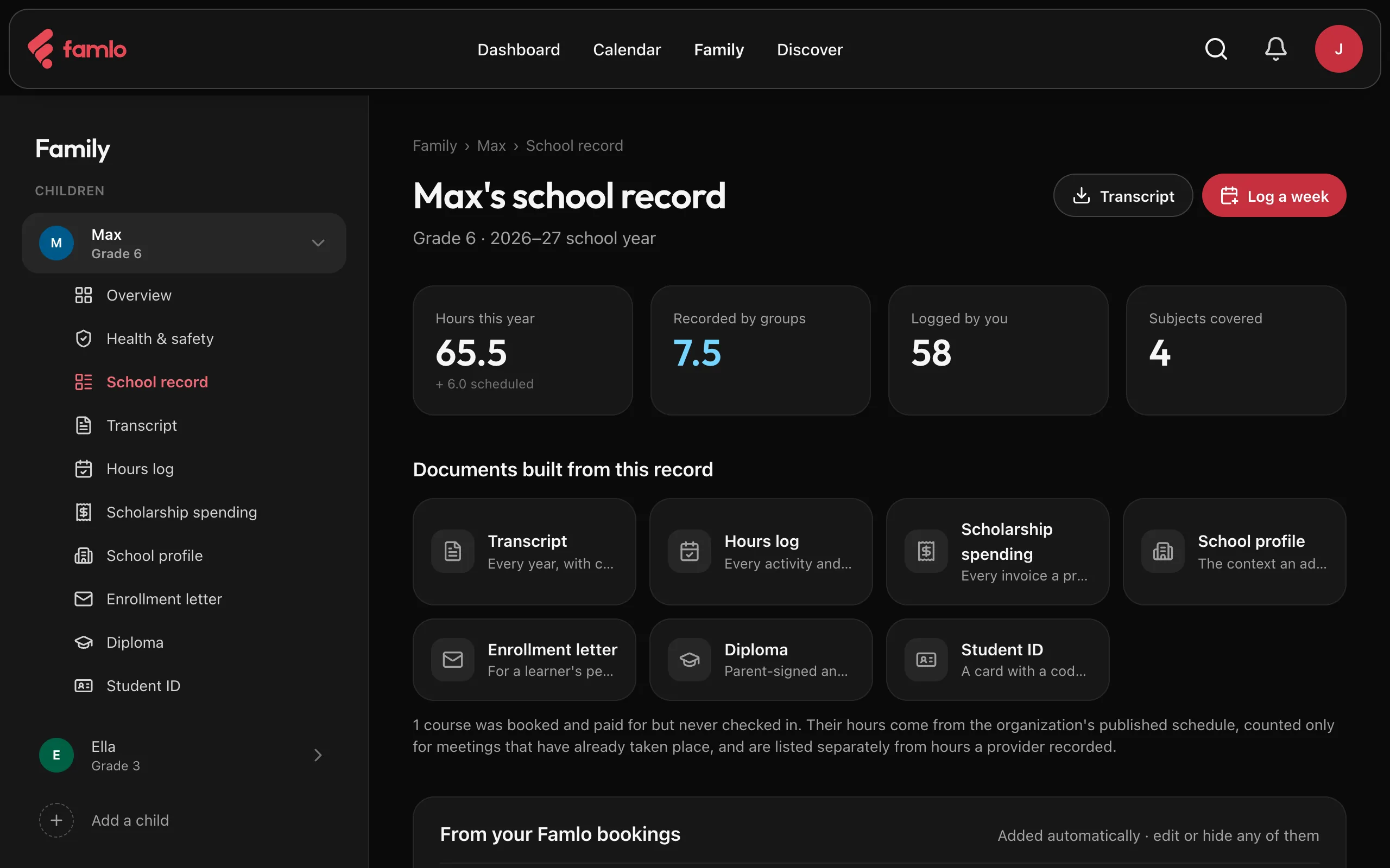 Max's school record, with the year's hours, the hours recorded by groups and logged at home, and the documents built from the record