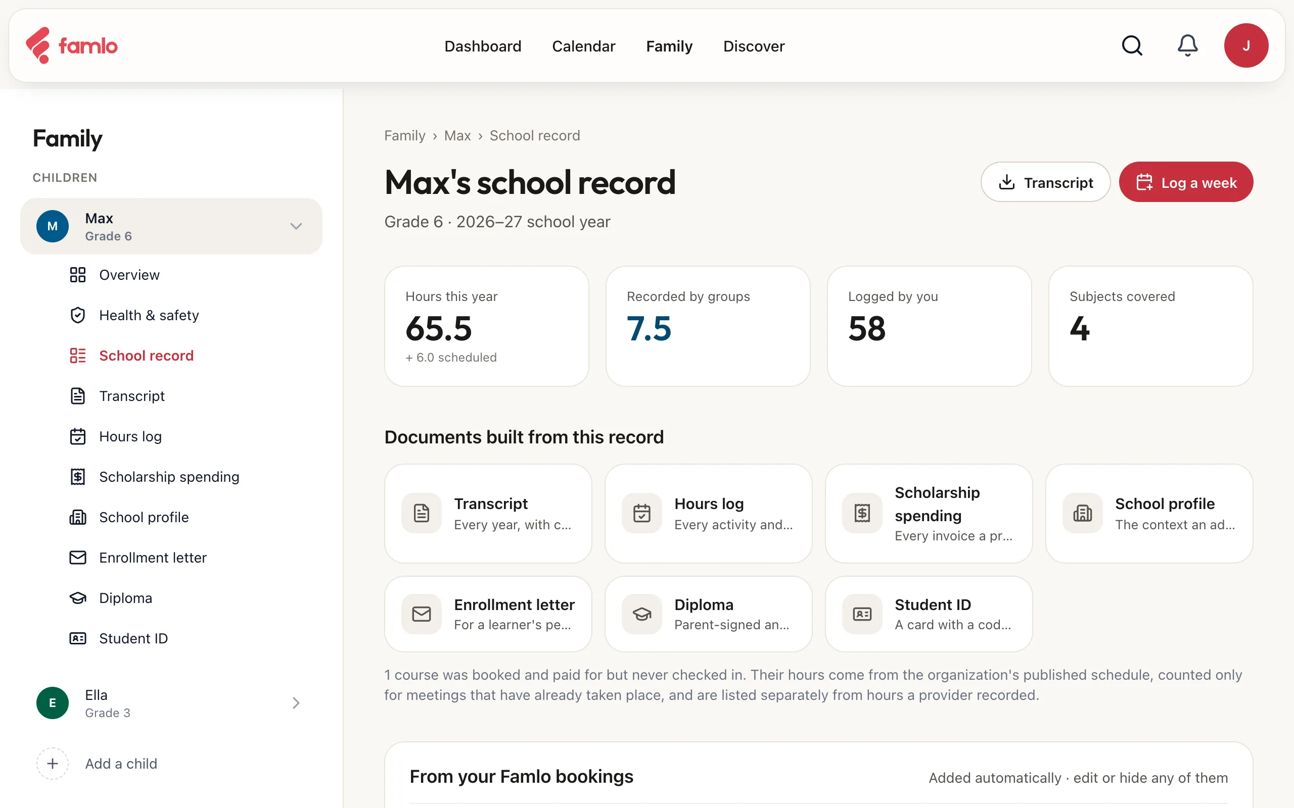 Max's school record, with the year's hours, the hours recorded by groups and logged at home, and the documents built from the record