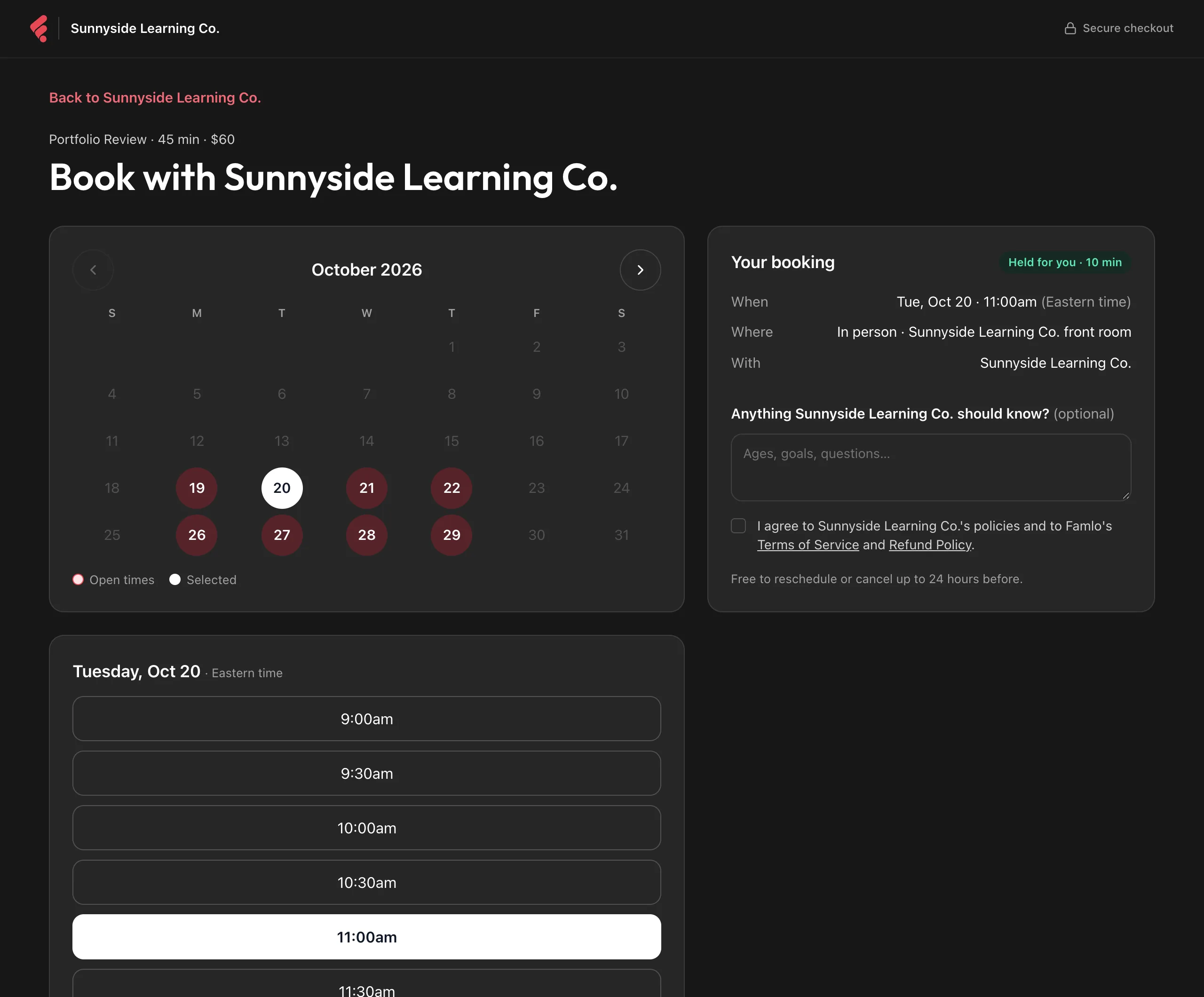 The Book with Sunnyside Learning Co. page with a day and a time picked and the Held for you · 10 min badge on Your booking