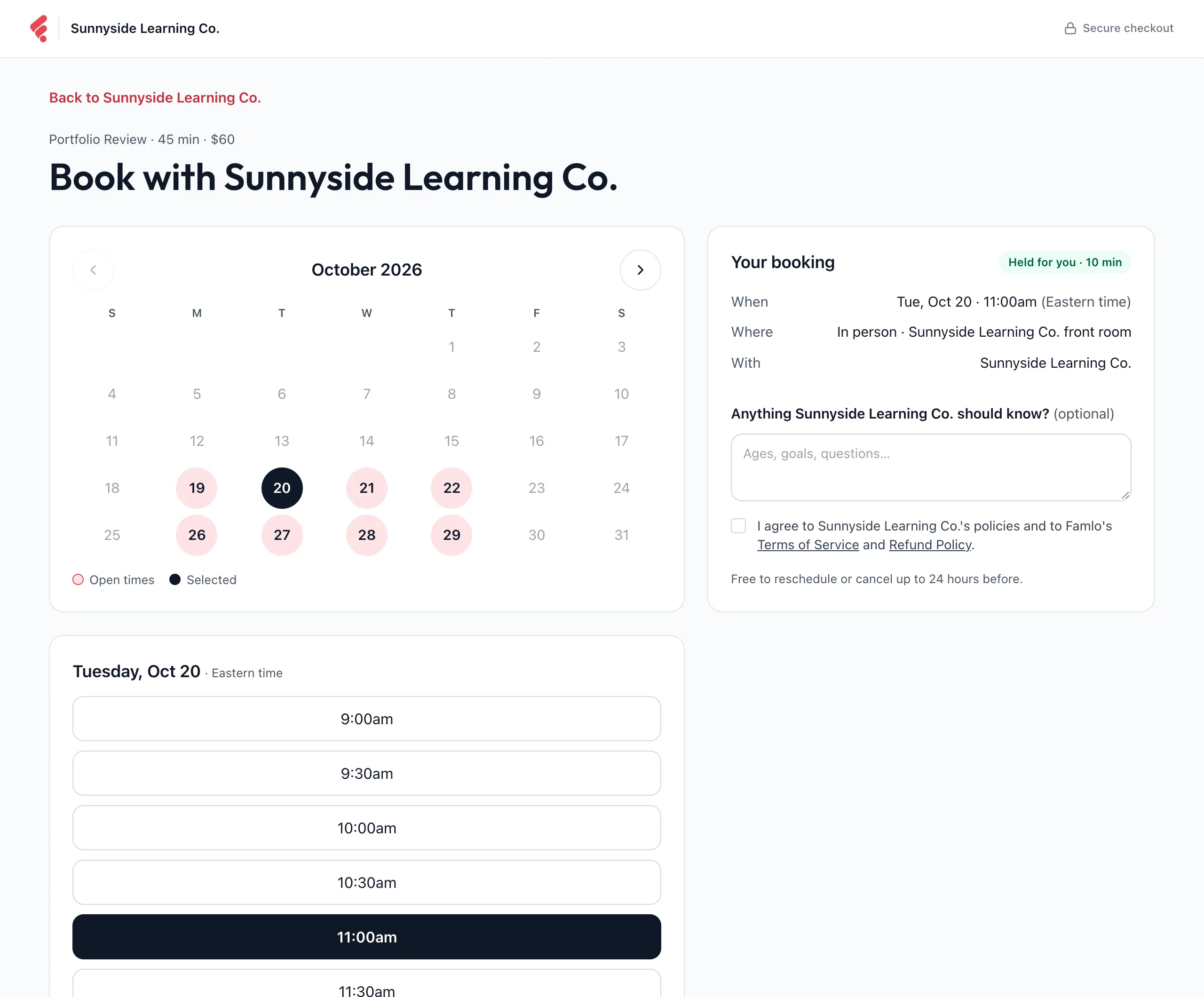 The Book with Sunnyside Learning Co. page with a day and a time picked and the Held for you · 10 min badge on Your booking