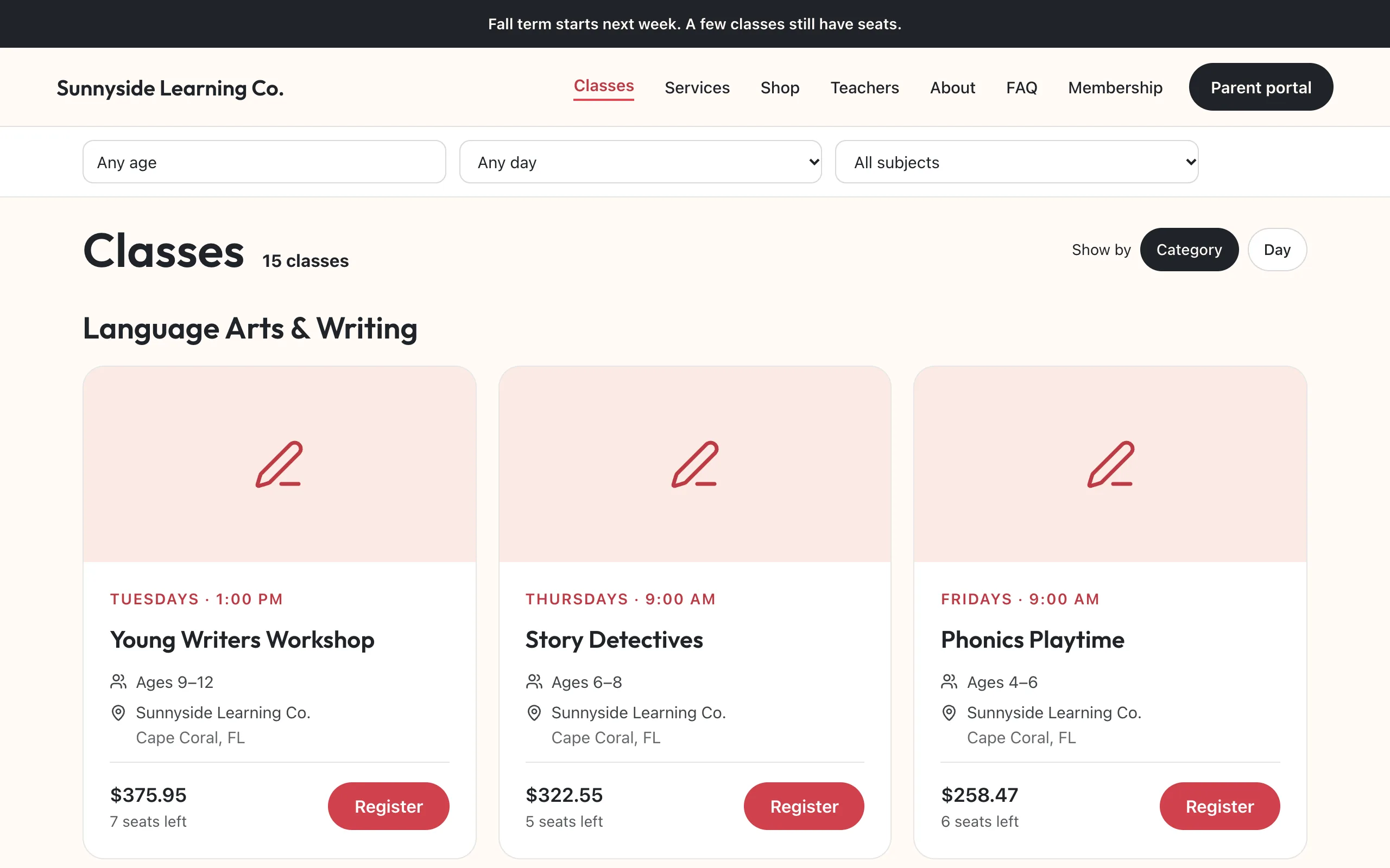 The Classes page on Sunnyside Learning Co.'s own website, with grade, day and subject filters, class cards with prices and seats left, Register buttons, and Parent portal in the menu