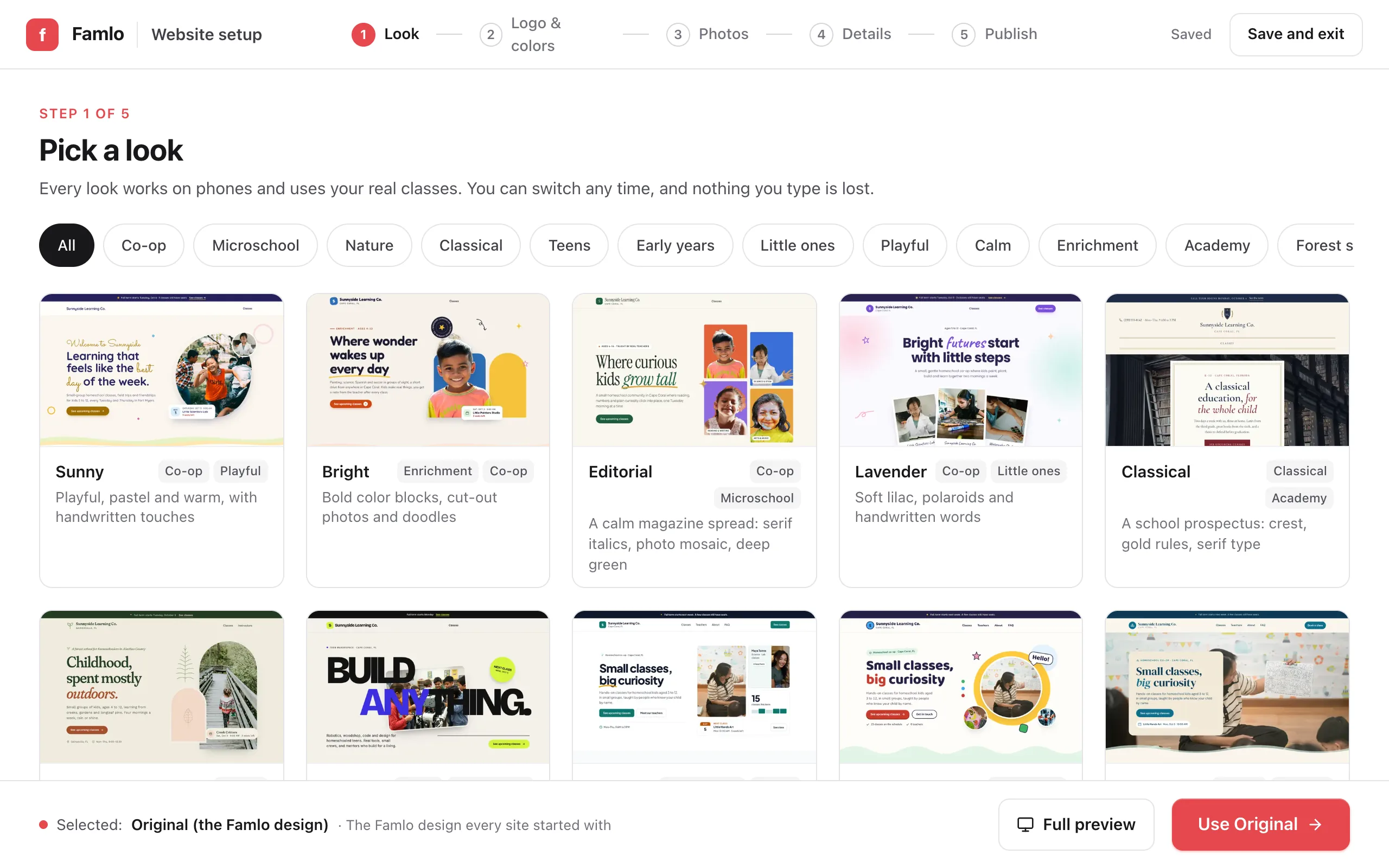 Step 1 of 5 of website setup, Pick a look, with cards for the Sunny, Bright, Editorial, Lavender and Classical looks and more below