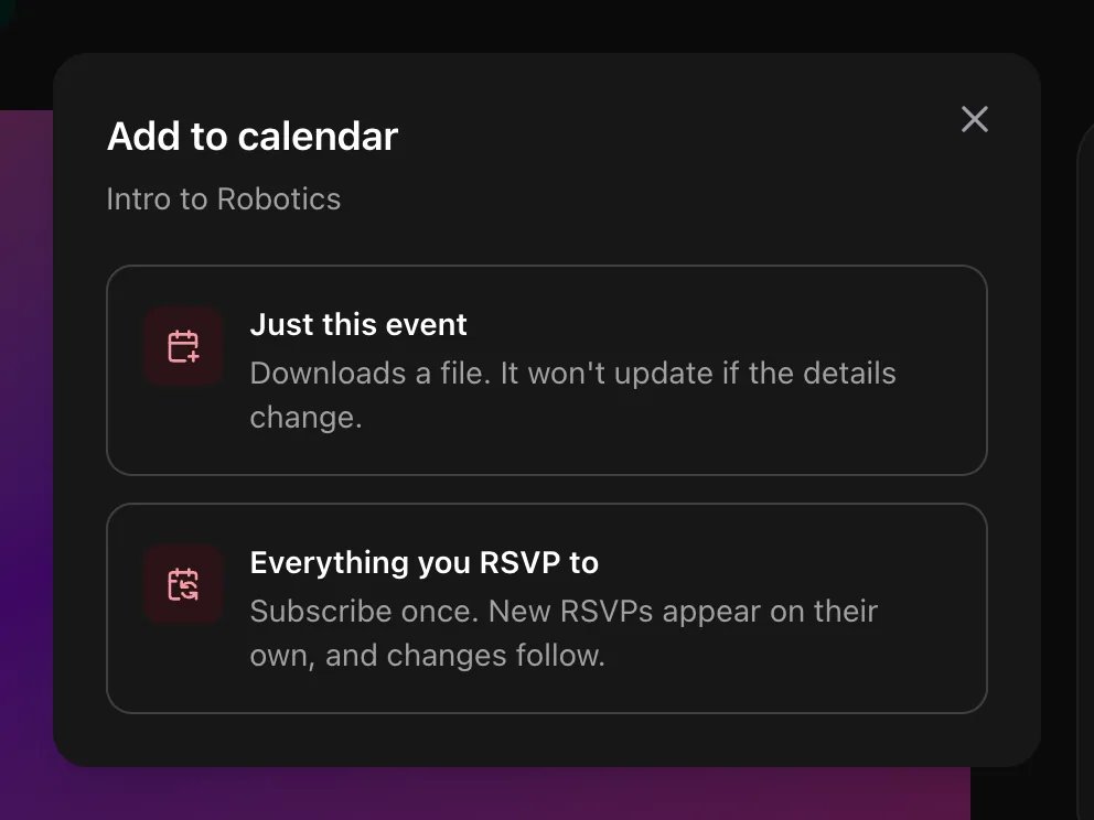 The Add to calendar box with two choices: Just this event and Everything you RSVP to