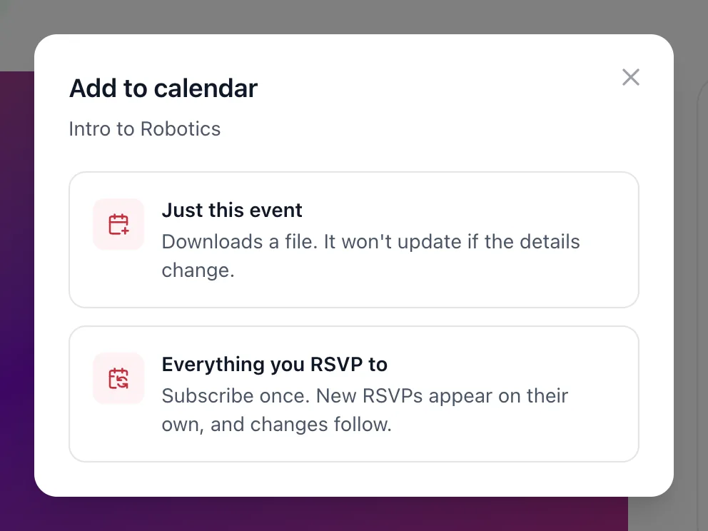 The Add to calendar box with two choices: Just this event and Everything you RSVP to