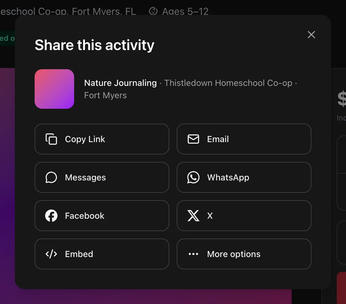 The Share this activity box with the Copy Link, Email, Messages, WhatsApp, Facebook, X, Embed and More options tiles