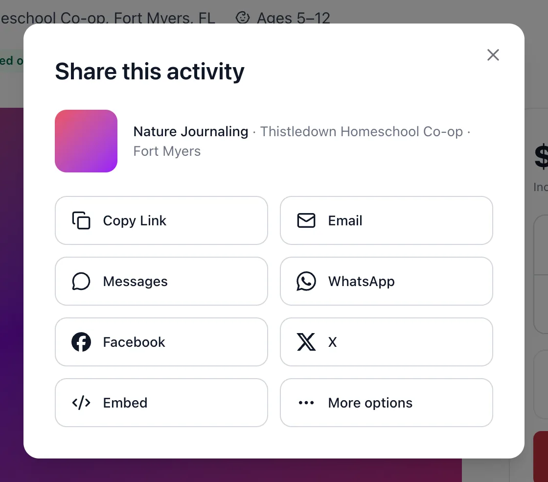 The Share this activity box with the Copy Link, Email, Messages, WhatsApp, Facebook, X, Embed and More options tiles