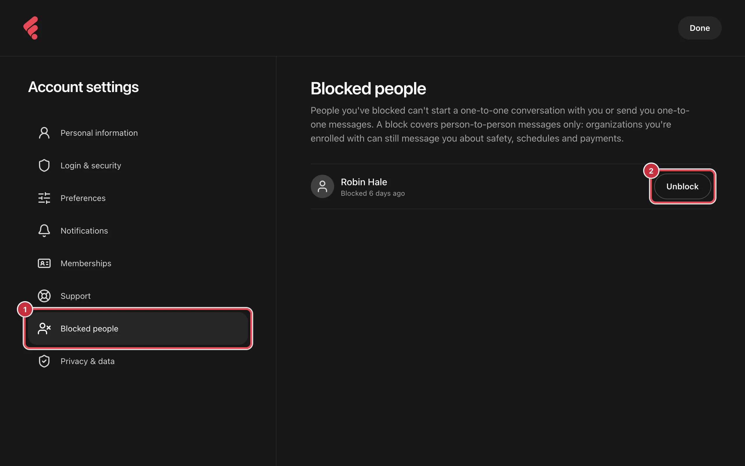Account settings with Blocked people selected and one blocked person listed, Blocked 2 days ago, with the Unblock button, numbered 1 and 2