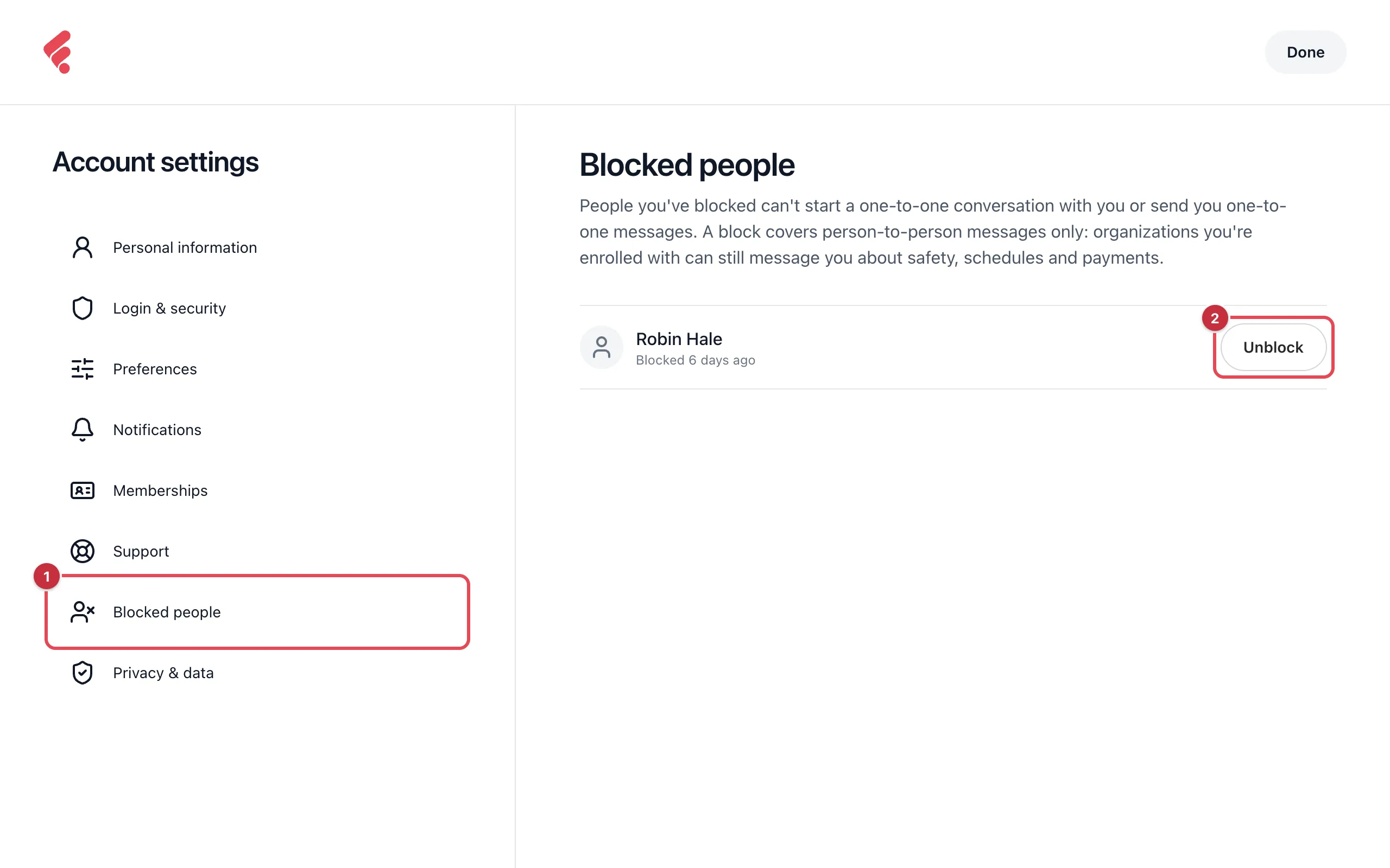 Account settings with Blocked people selected and one blocked person listed, Blocked 2 days ago, with the Unblock button, numbered 1 and 2
