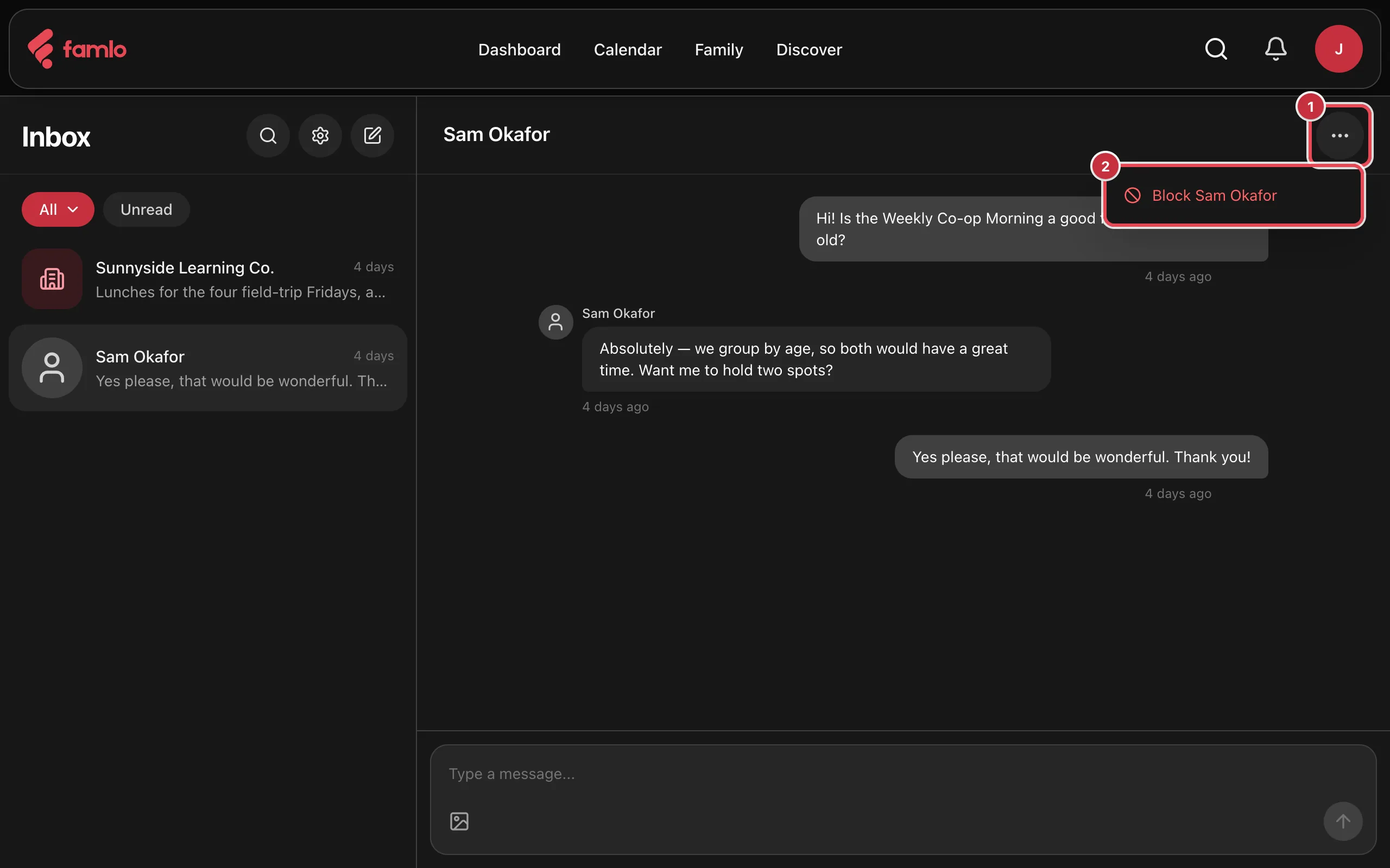 A one-to-one conversation with the … menu at the top right open and Block Sam Okafor highlighted, numbered 1 and 2