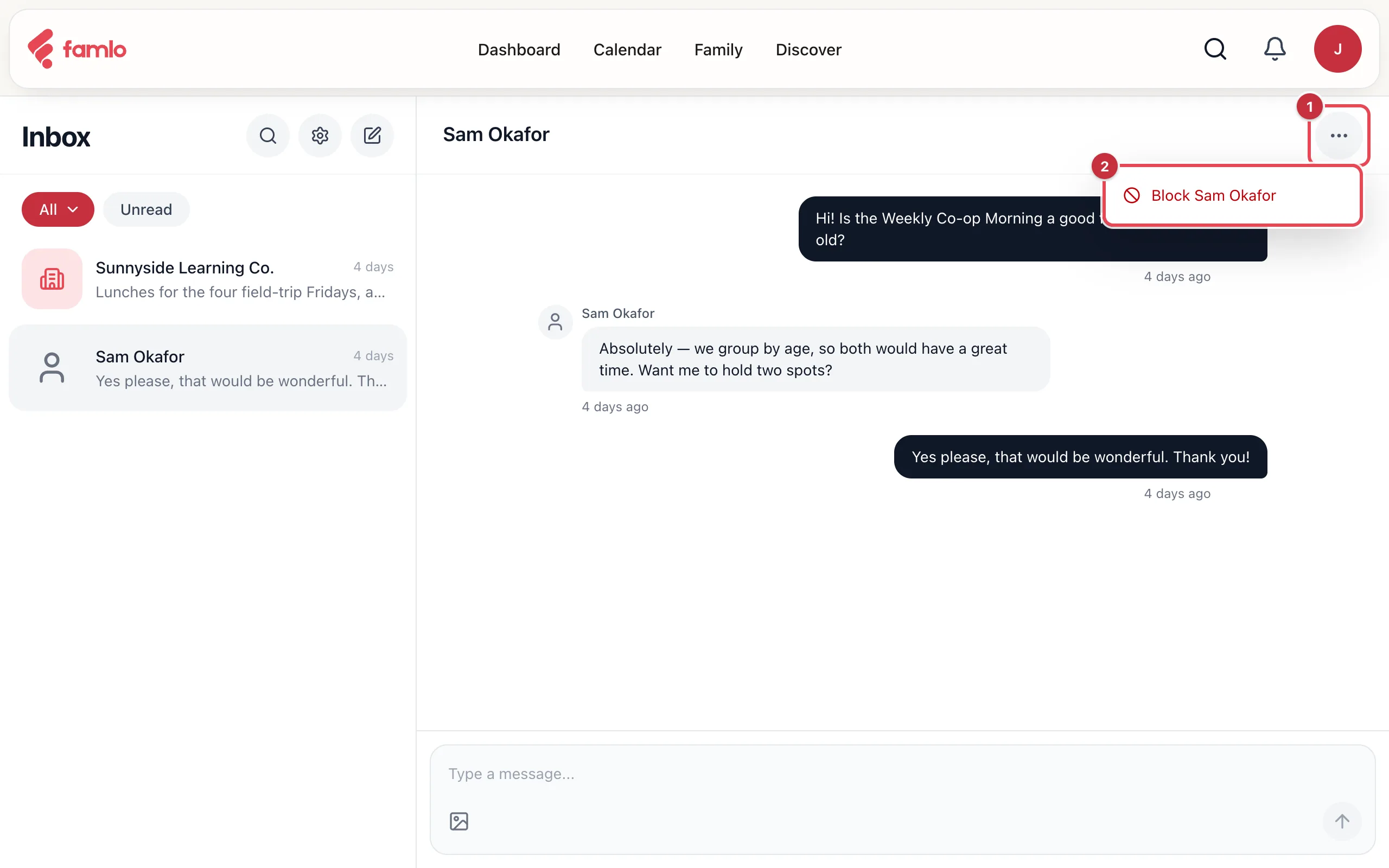 A one-to-one conversation with the … menu at the top right open and Block Sam Okafor highlighted, numbered 1 and 2