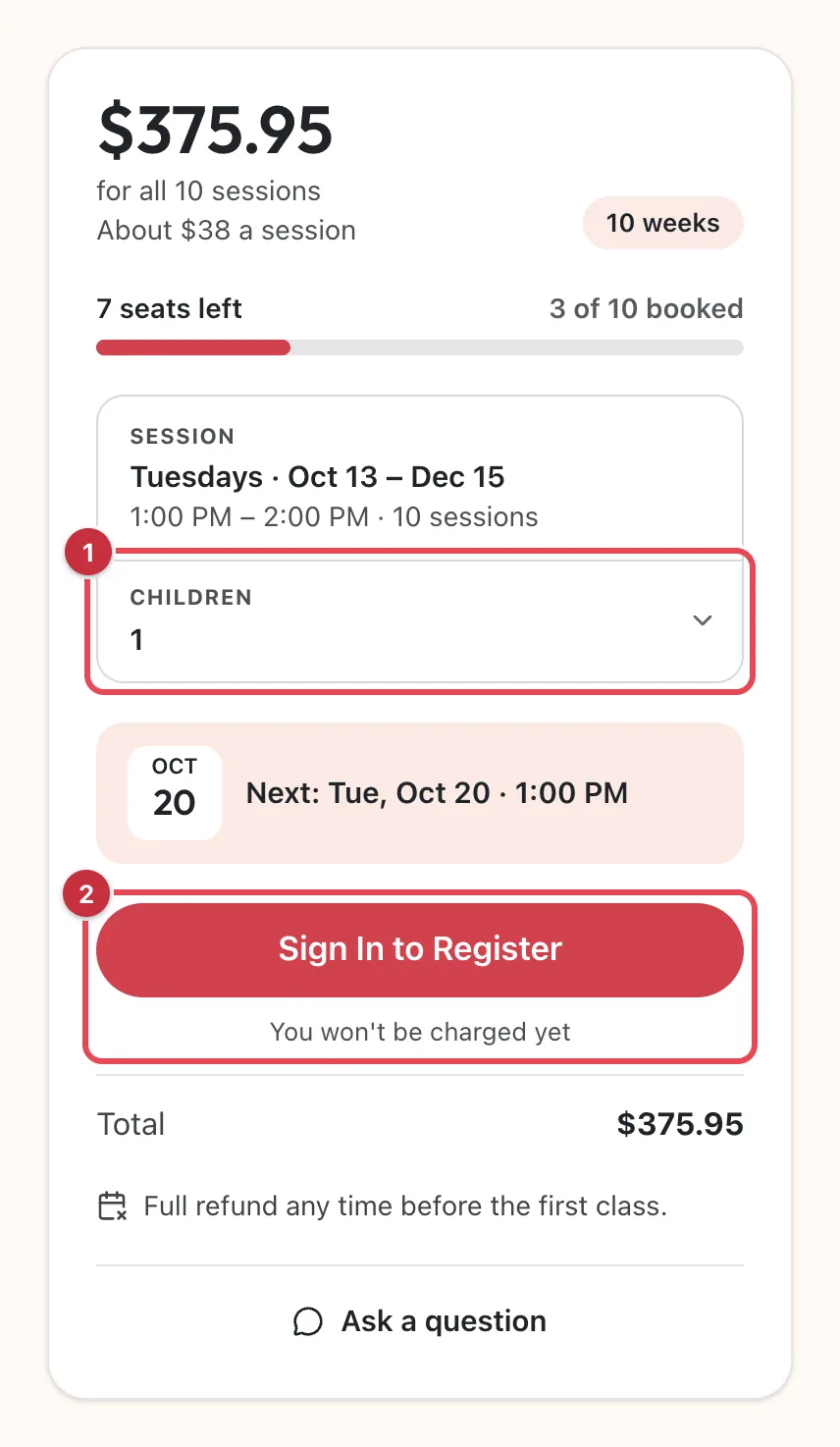 The booking panel on a class page: the price for all 10 sessions, 7 seats left, the session dates, the Children picker highlighted as 1, and Sign In to Register with You won't be charged yet highlighted as 2, then the Total, the refund line and Ask a question