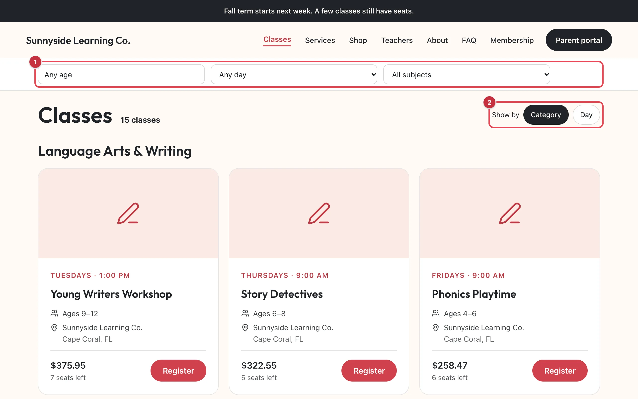 The Classes page on Sunnyside Learning Co.'s website, with the age, day and subject filters highlighted as 1, Show by with Category and Day highlighted as 2, and class cards with prices and Register buttons