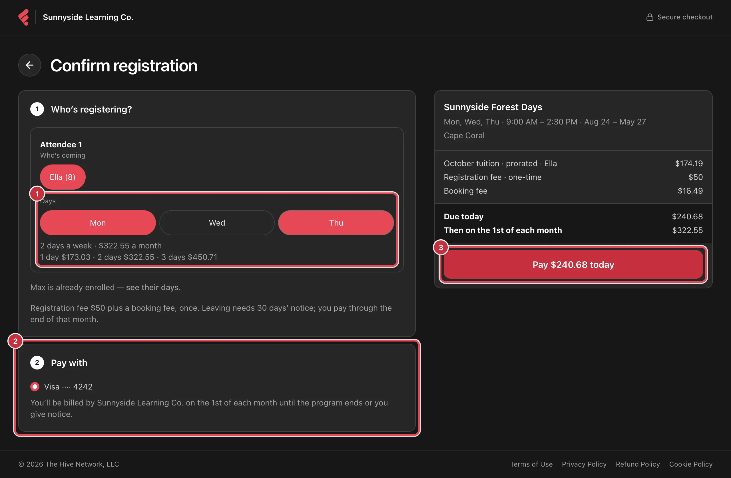 The Confirm registration page for a program, with the Days field (1), the Pay with step (2) and the Pay today button (3) numbered