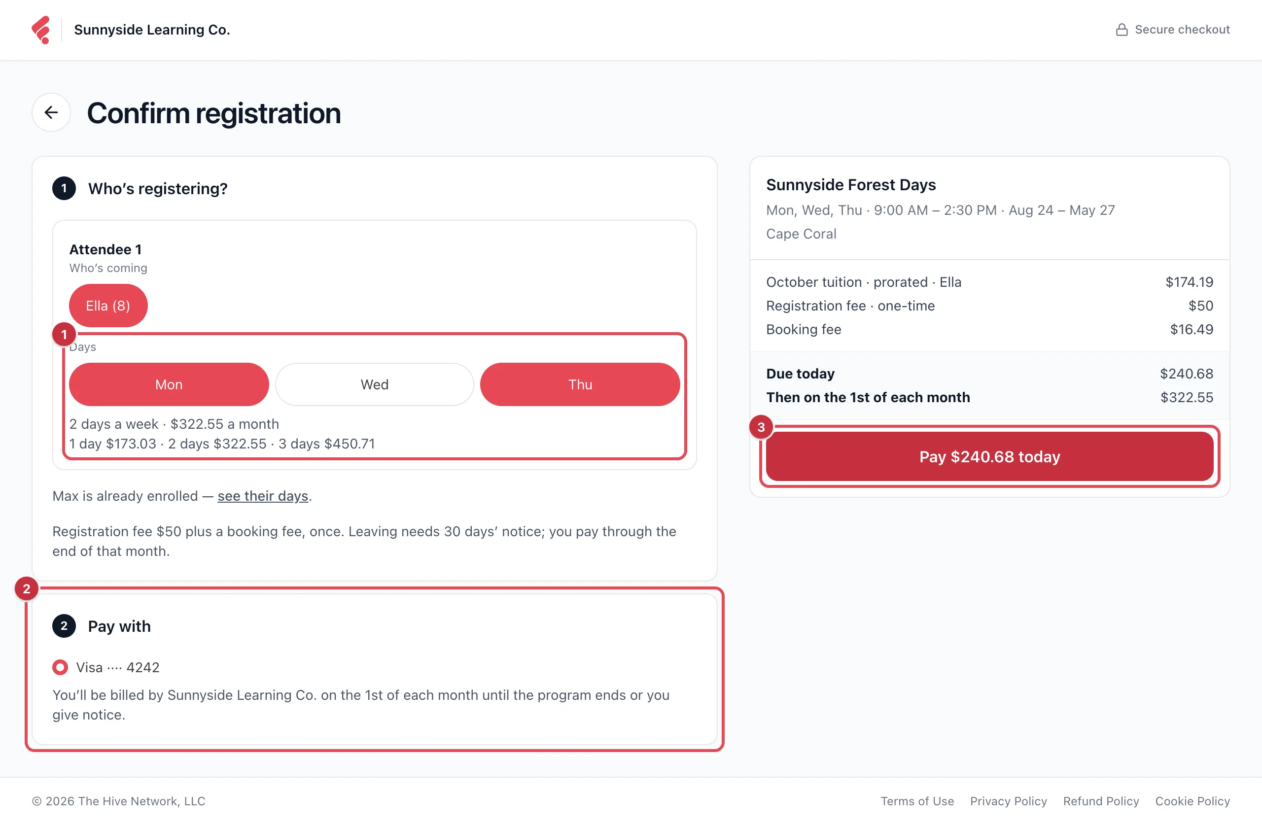 The Confirm registration page for a program, with the Days field (1), the Pay with step (2) and the Pay today button (3) numbered