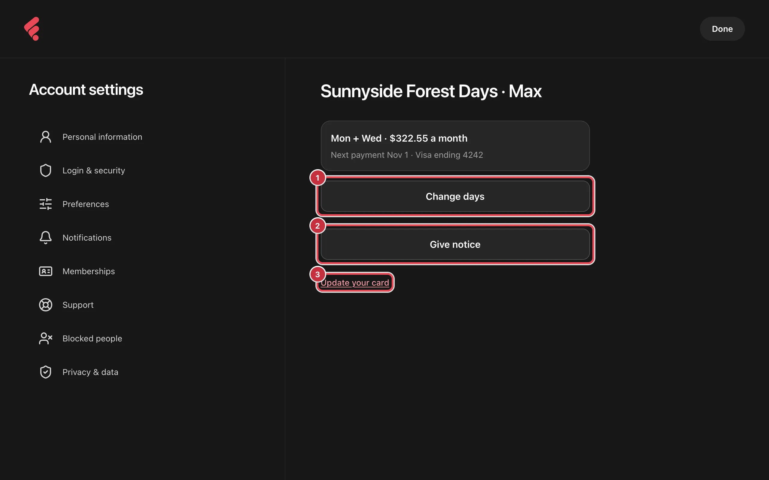 A program's page in Account settings showing Mon + Wed and the monthly price, with Change days (1), Give notice (2) and Update your card (3) numbered