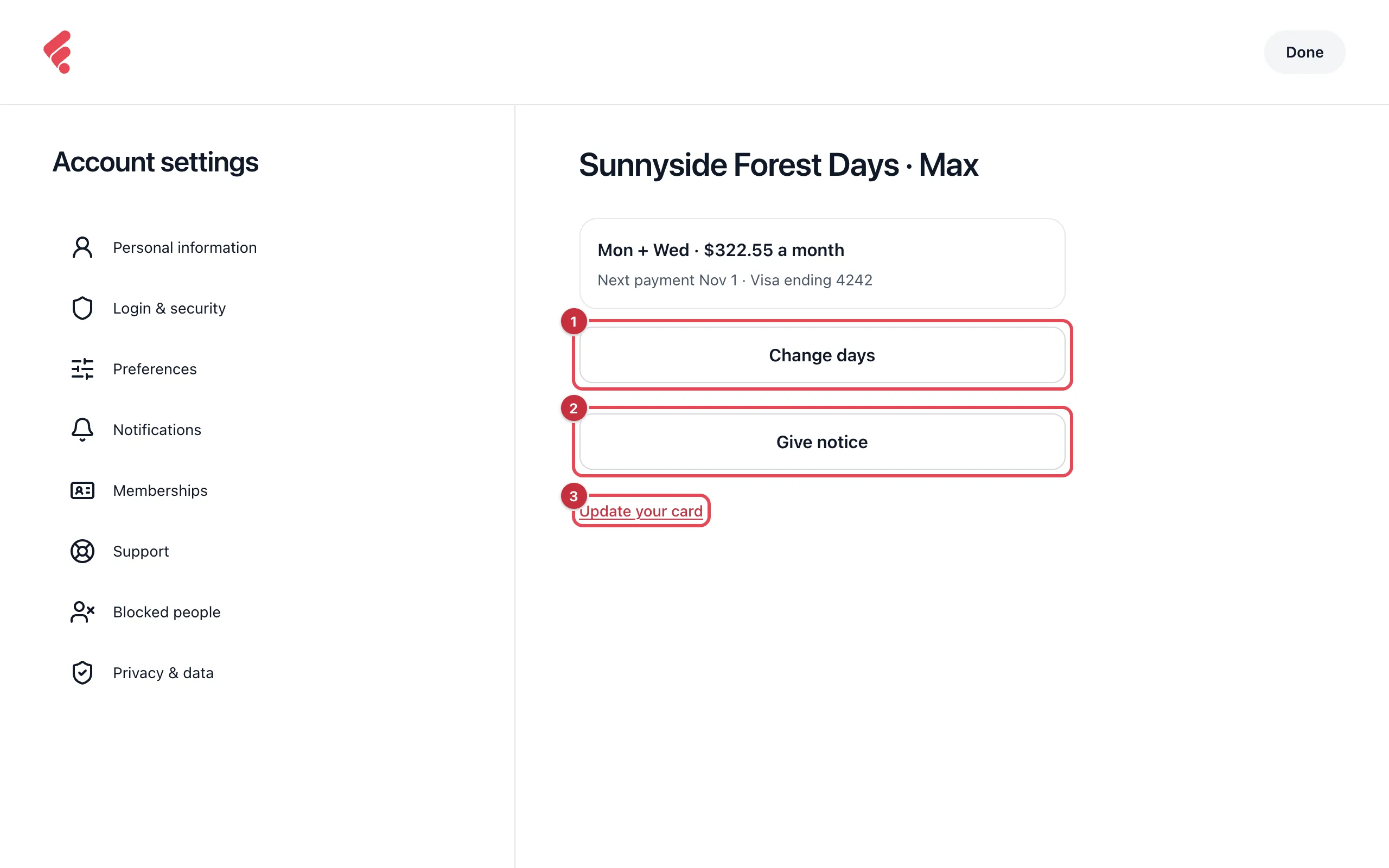 A program's page in Account settings showing Mon + Wed and the monthly price, with Change days (1), Give notice (2) and Update your card (3) numbered
