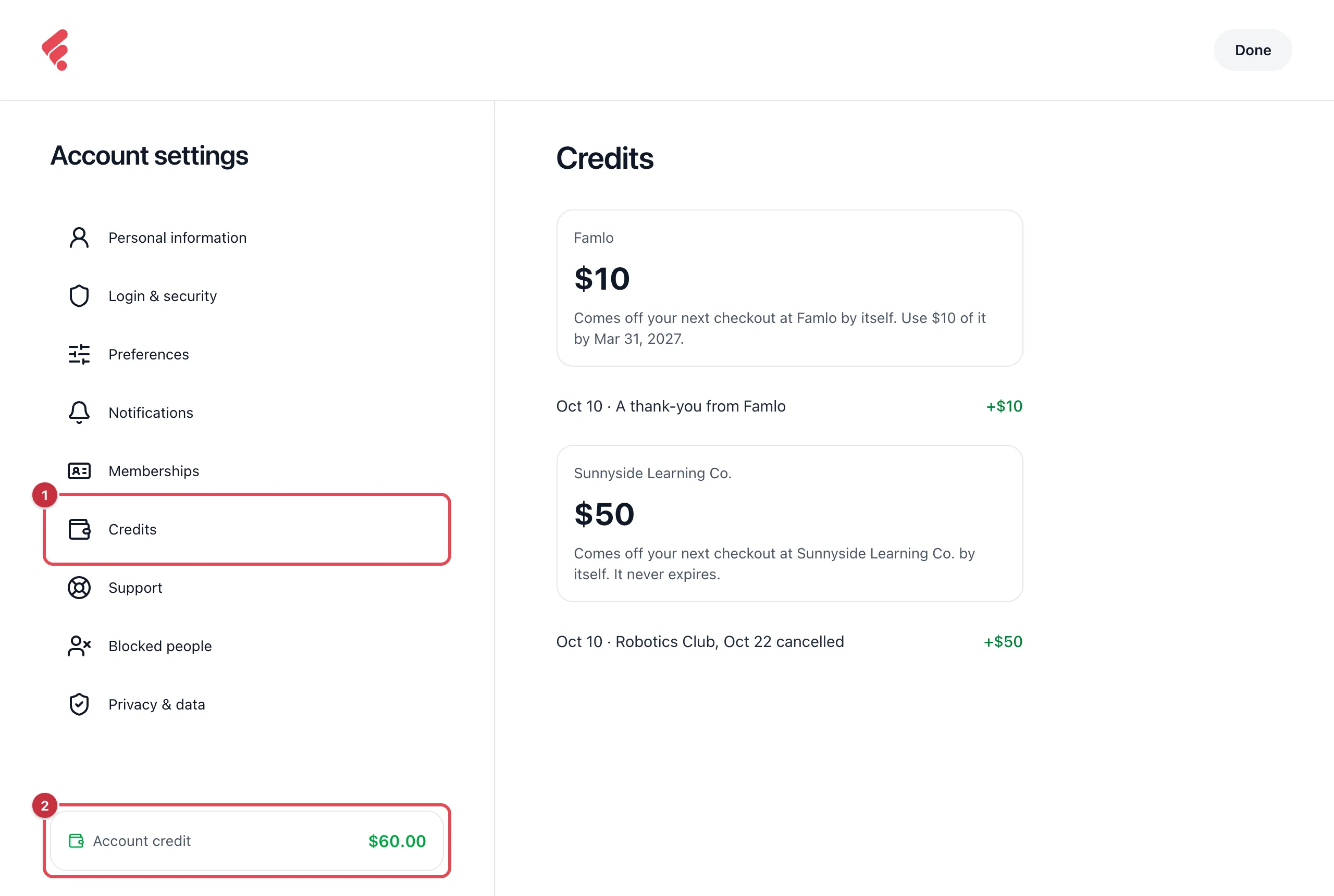 Account settings with Credits highlighted as 1 and the Account credit box showing $60.00 as 2. The Credits page shows $10 from Famlo, to use by Mar 31, 2027, and $50 at Sunnyside Learning Co., which never expires, each with its history line