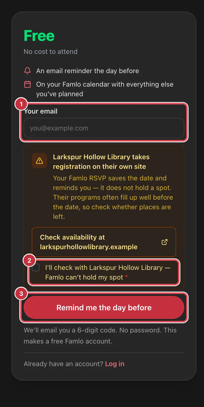A free library activity's booking card for a signed-out visitor, with the Your email field, the I'll check with Larkspur Hollow Library box and the Remind me the day before button highlighted