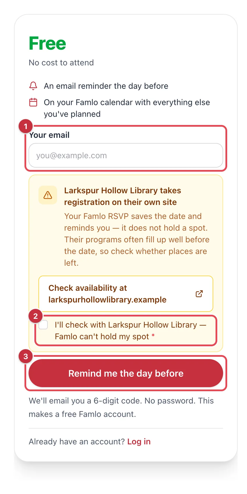 A free library activity's booking card for a signed-out visitor, with the Your email field, the I'll check with Larkspur Hollow Library box and the Remind me the day before button highlighted