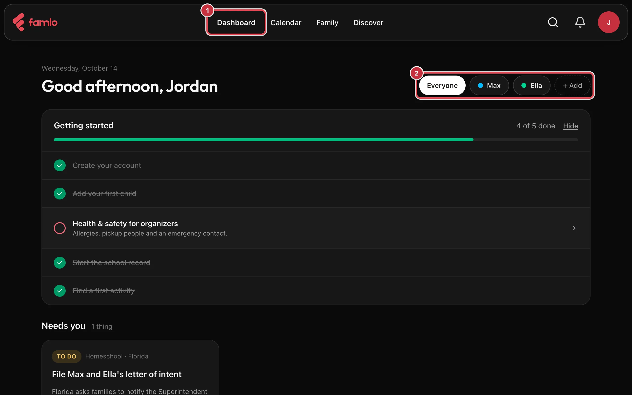 The Home page with Dashboard highlighted in the top bar and the Everyone, Max, Ella and + Add chips highlighted beside the greeting