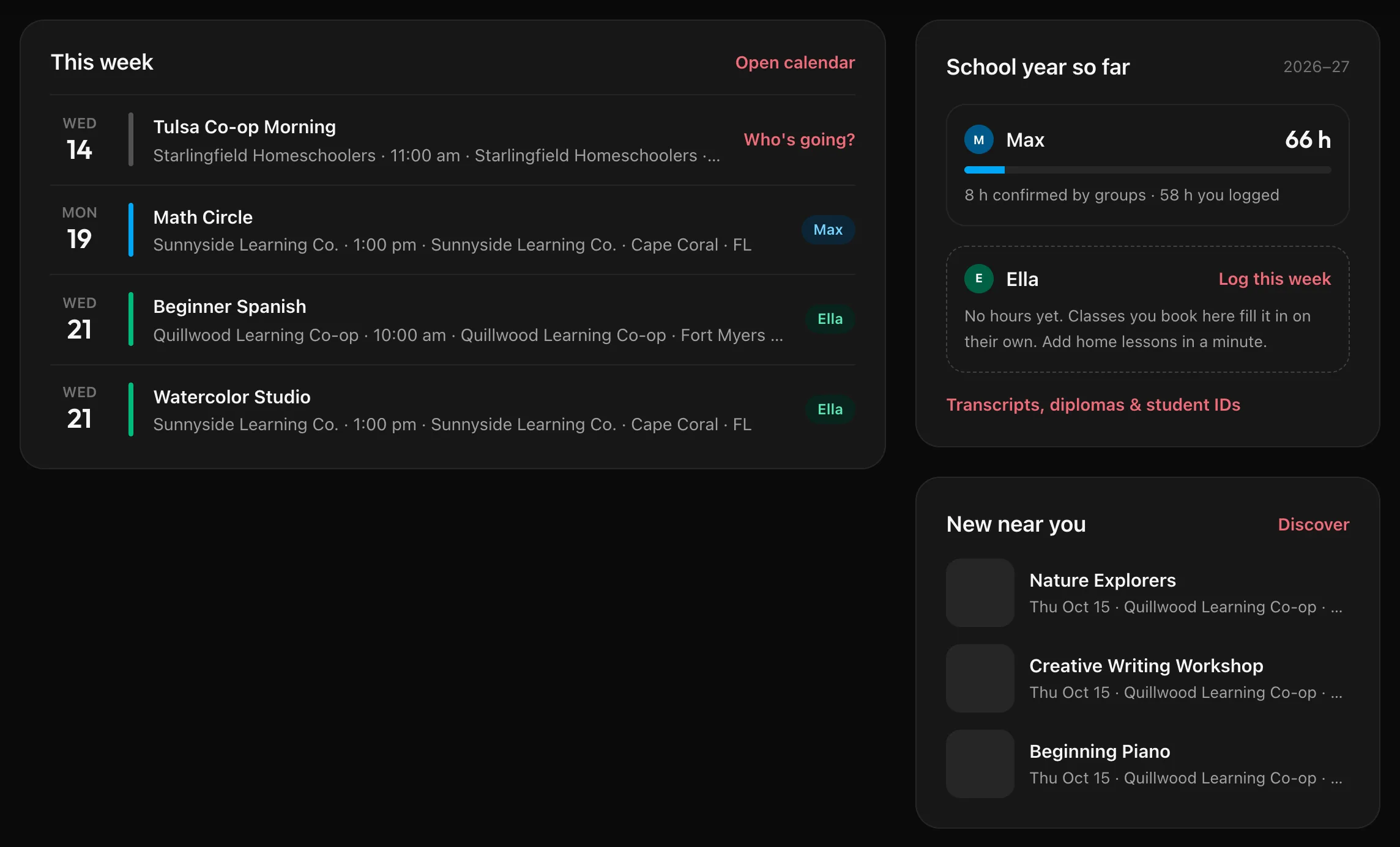 The This week, School year so far and New near you cards on the Home page