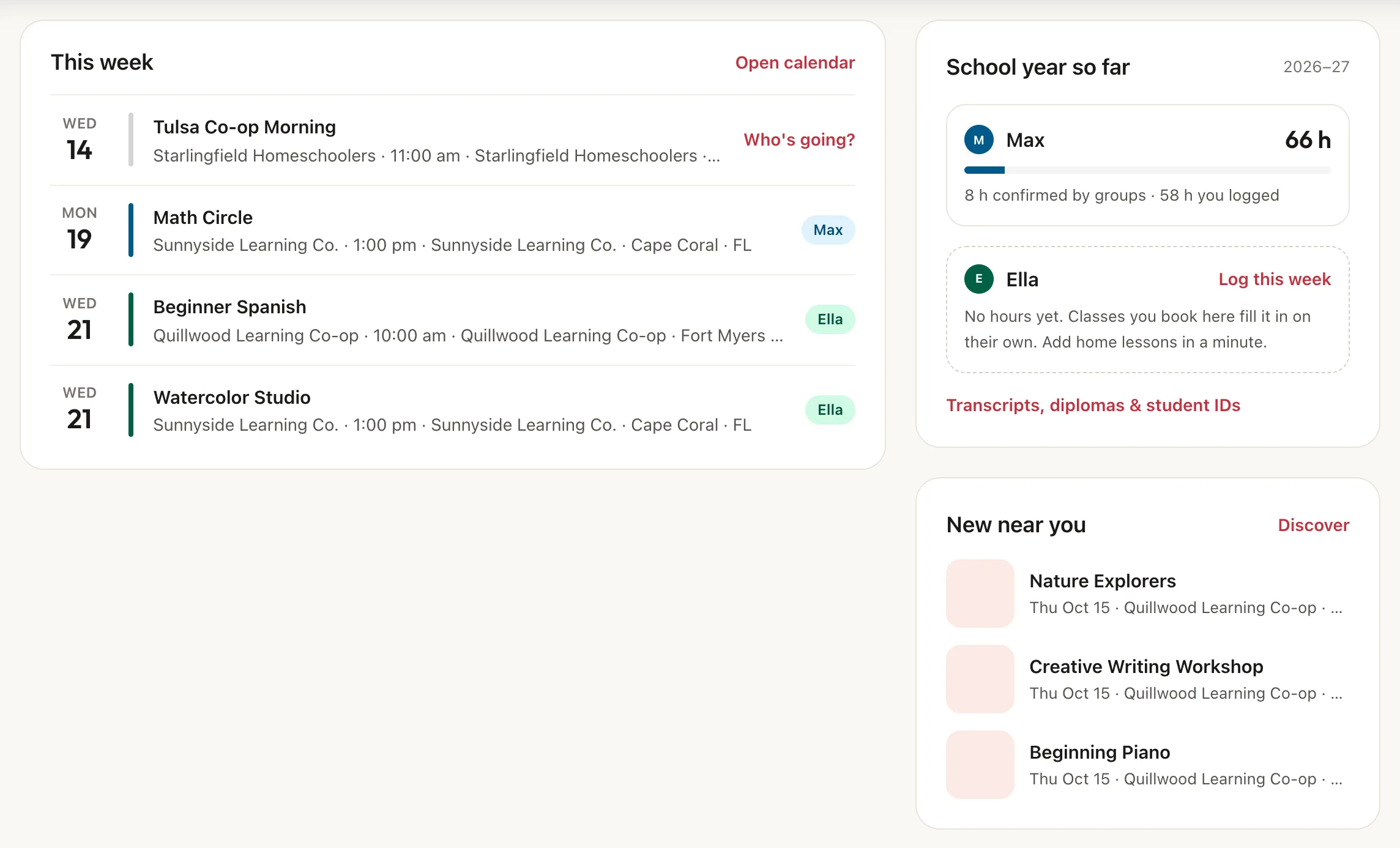 The This week, School year so far and New near you cards on the Home page