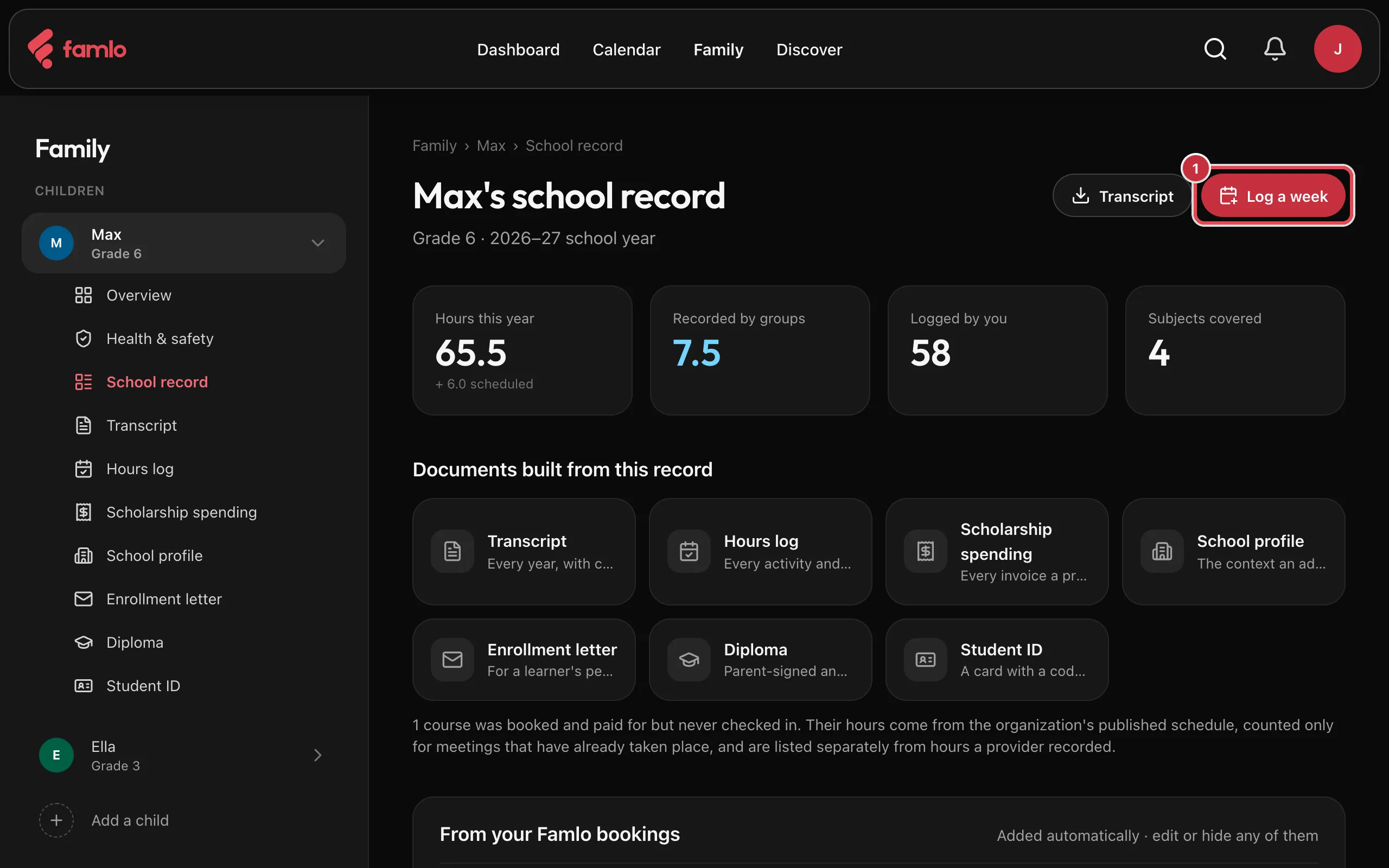 Max's school record for the 2026–27 school year with the Log a week button highlighted, next to the Transcript button