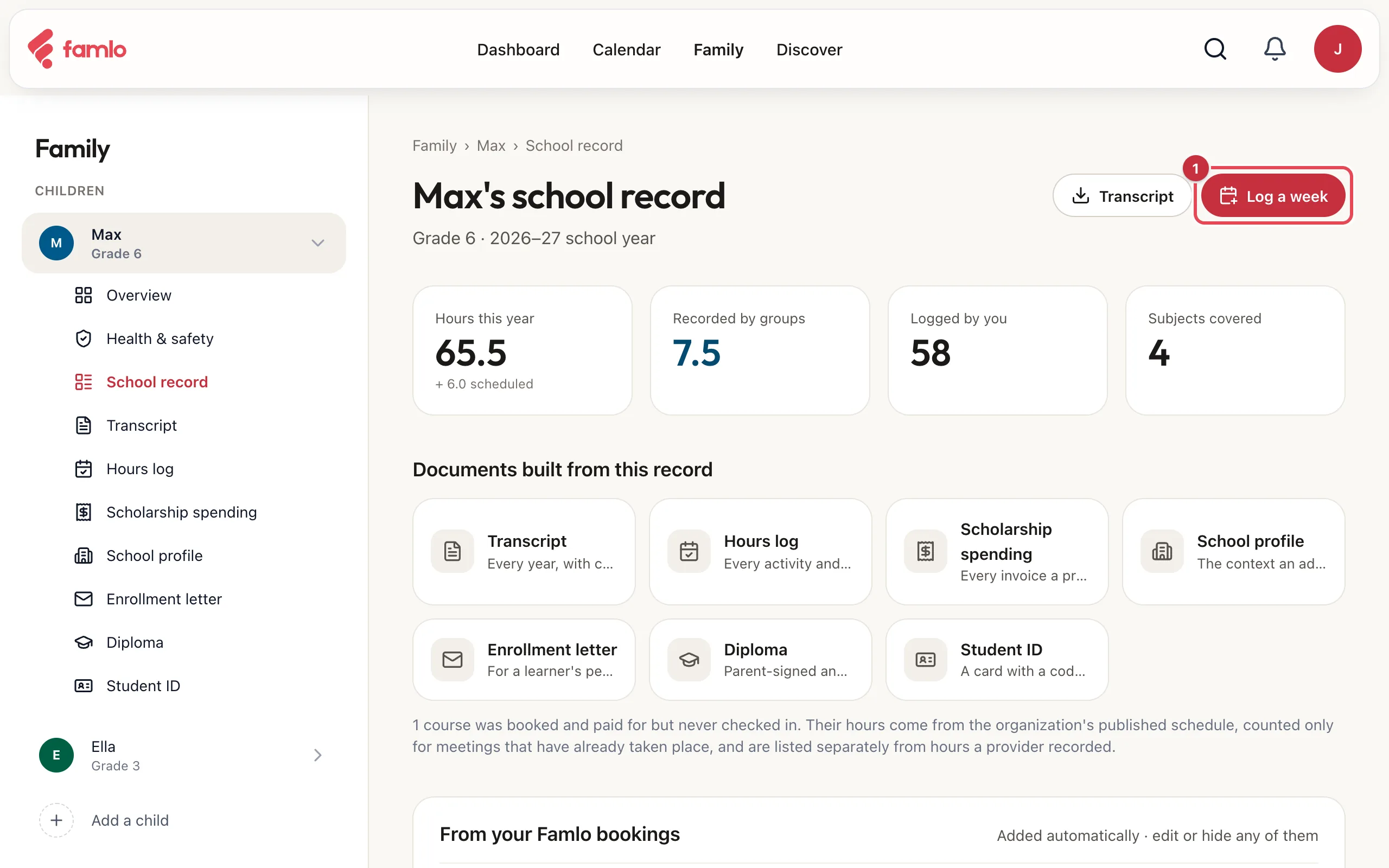 Max's school record for the 2026–27 school year with the Log a week button highlighted, next to the Transcript button