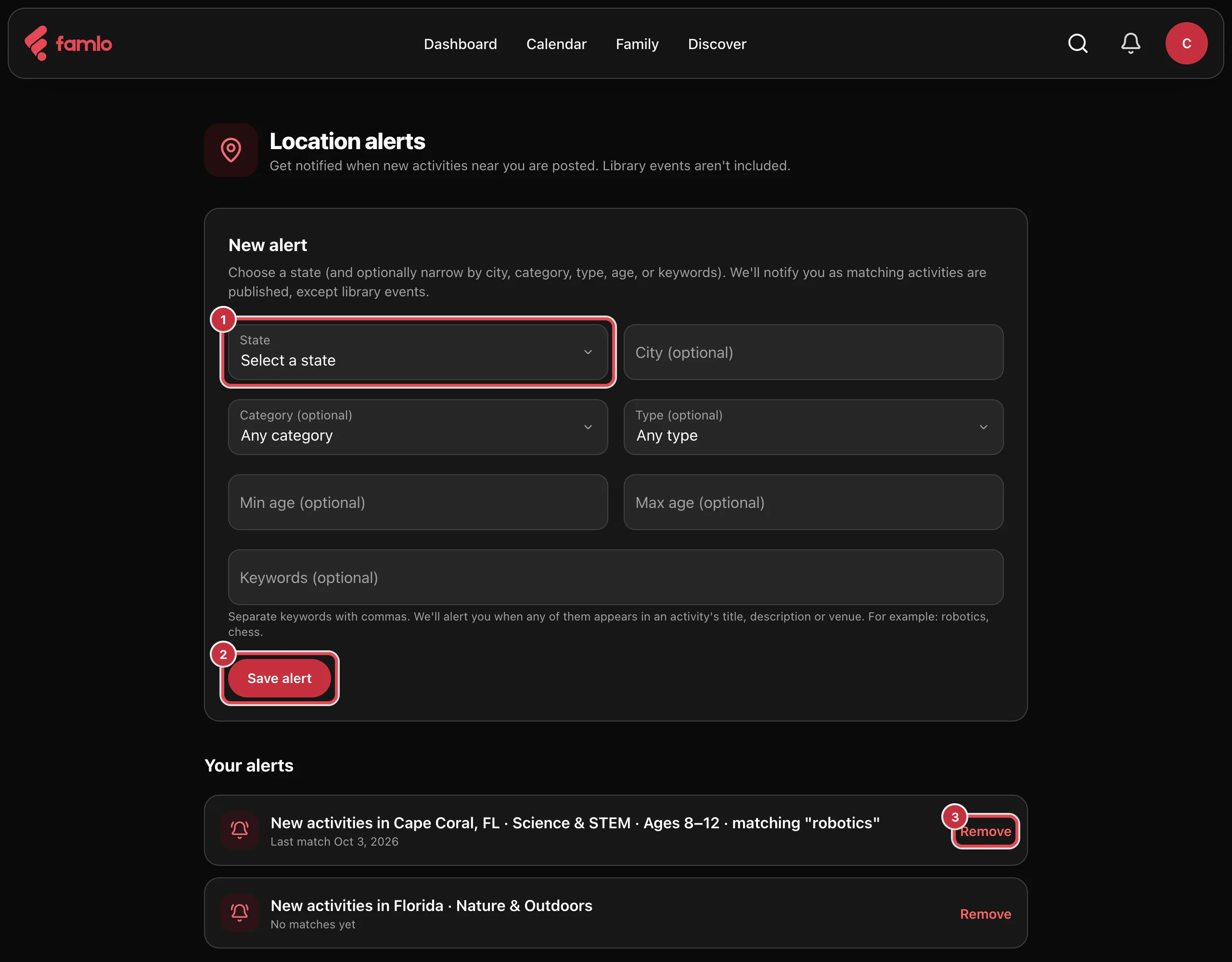 The Location alerts page with the State field, the Save alert button and the first Remove button highlighted, above two saved alerts