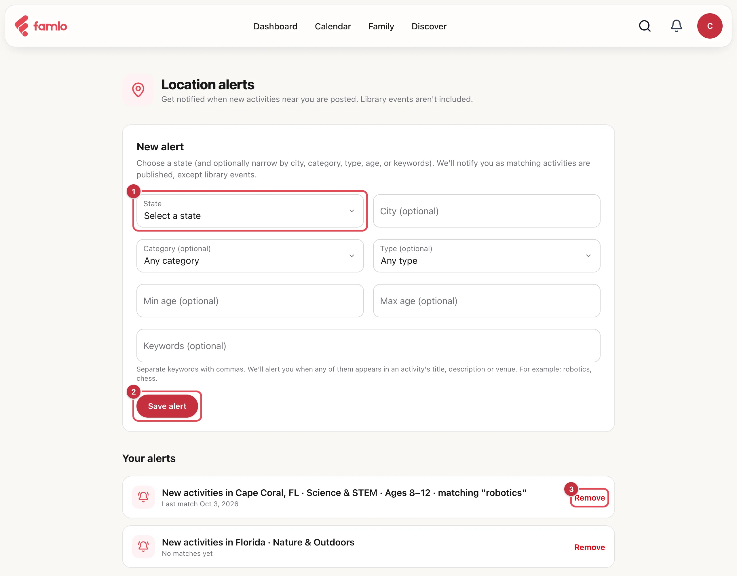 The Location alerts page with the State field, the Save alert button and the first Remove button highlighted, above two saved alerts