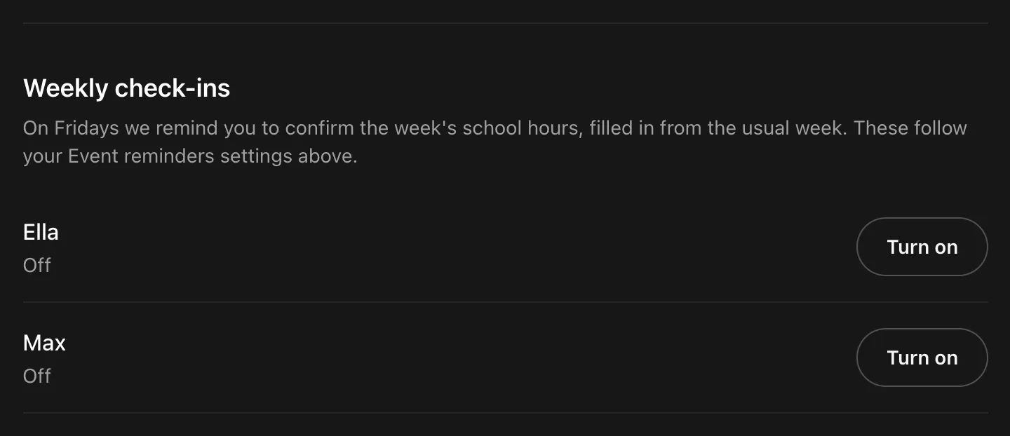 The Weekly check-ins section of Notifications, with a Turn on button for Ella and for Max