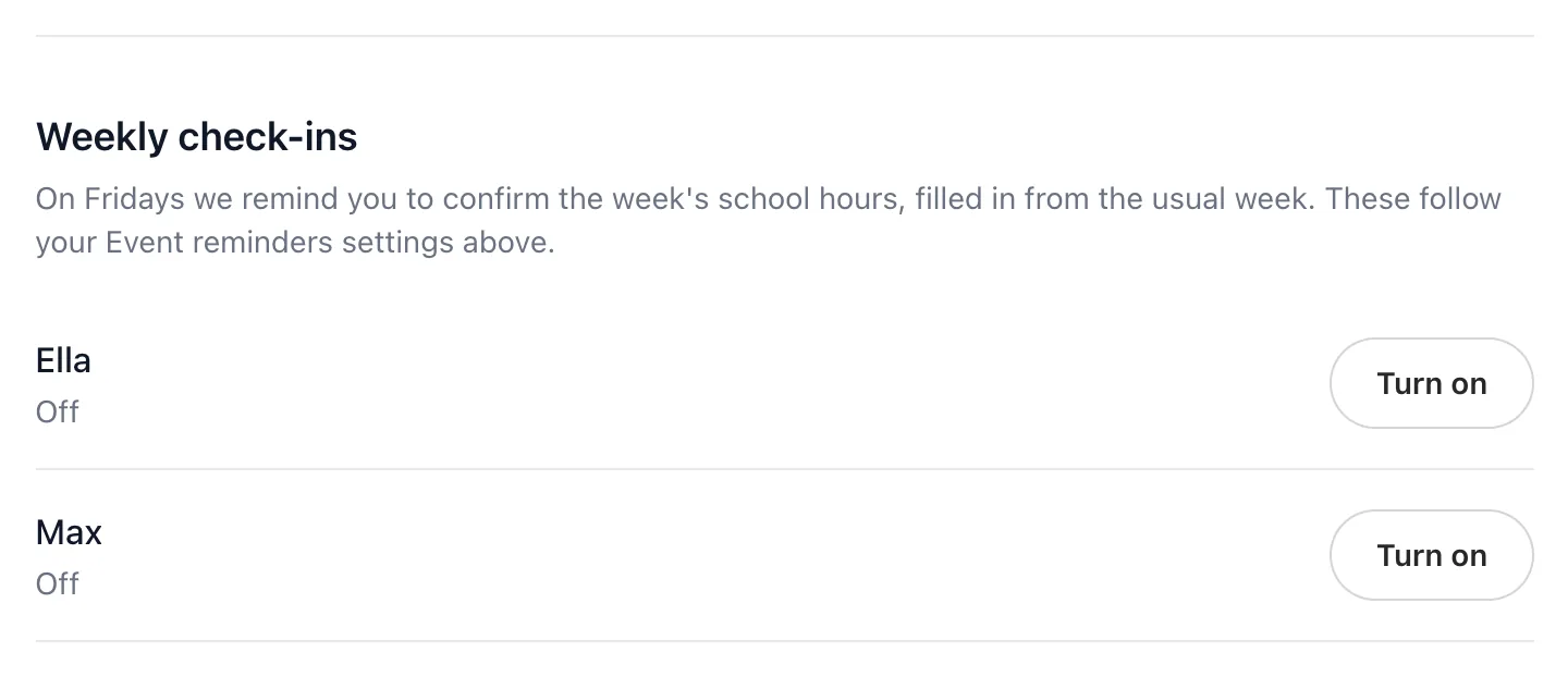 The Weekly check-ins section of Notifications, with a Turn on button for Ella and for Max