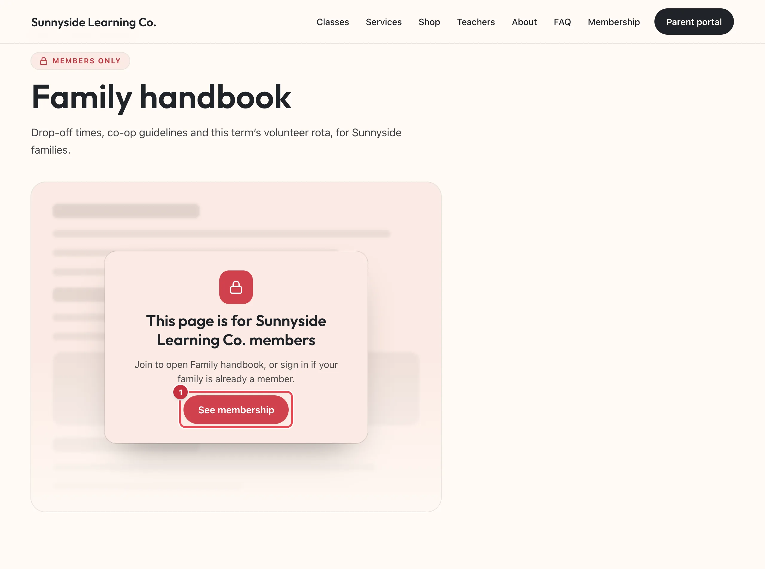 A locked Members only page called Family handbook, with the See membership button highlighted
