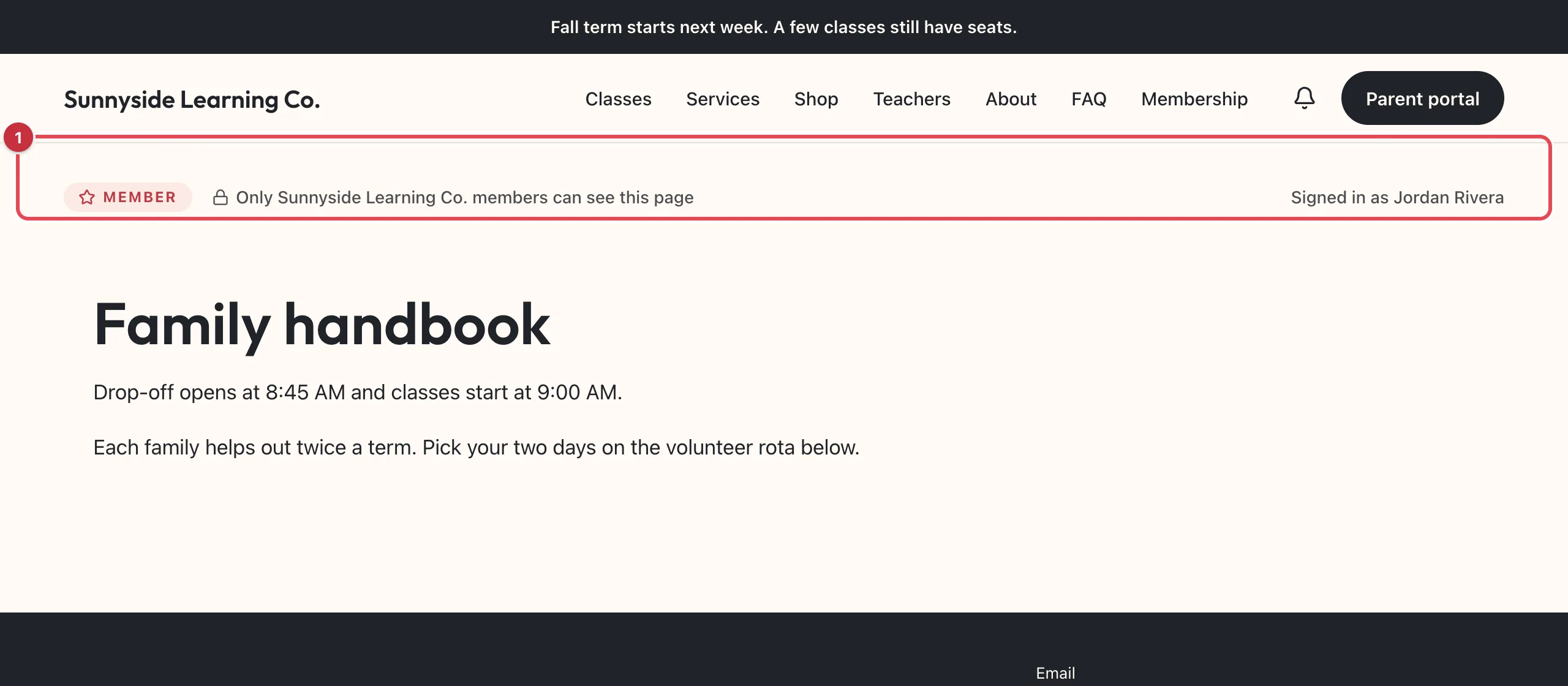 A Members only page as a member sees it, with the Member line at the top highlighted