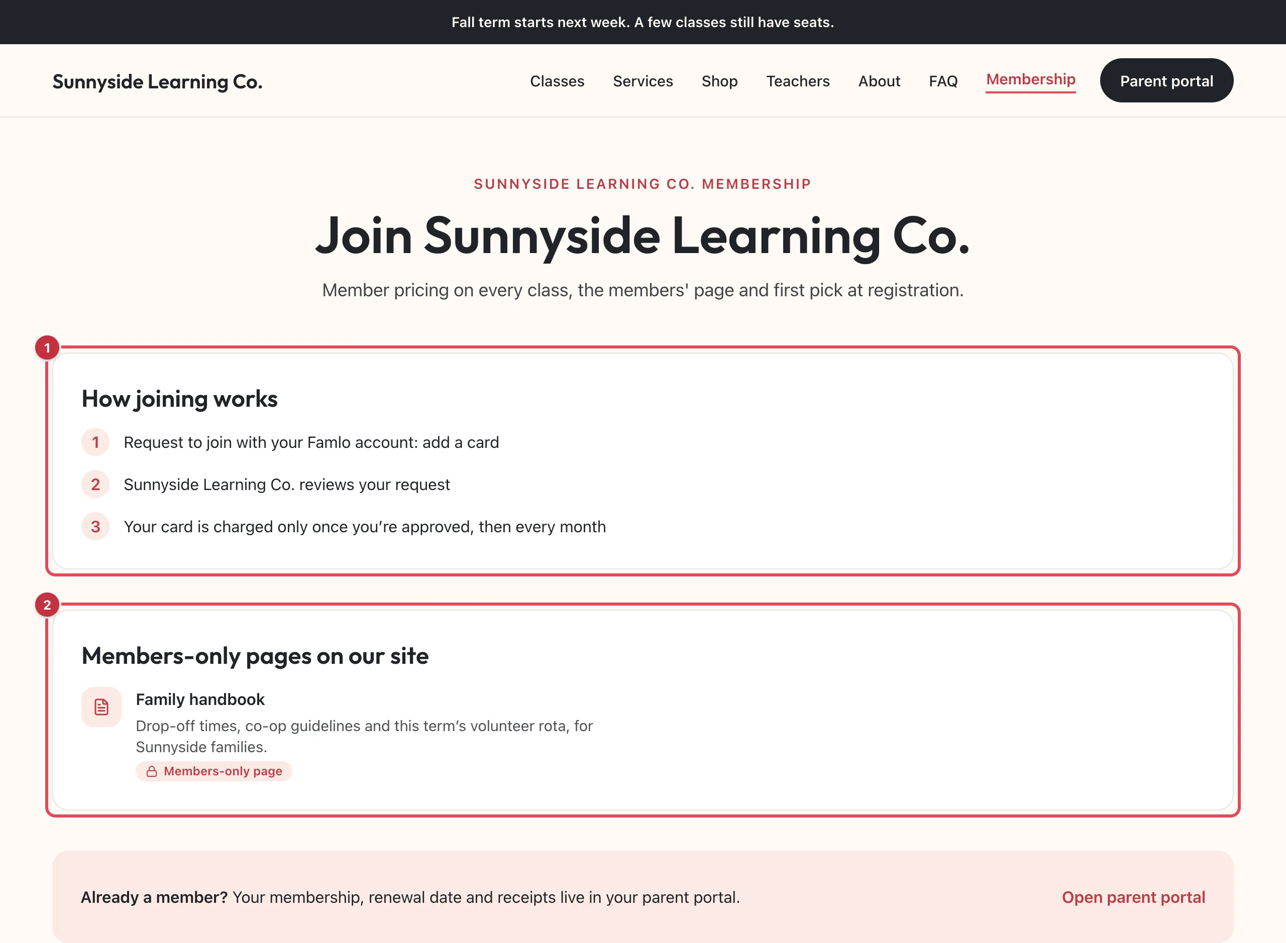 An organization's Membership page with How joining works and Members-only pages on our site highlighted
