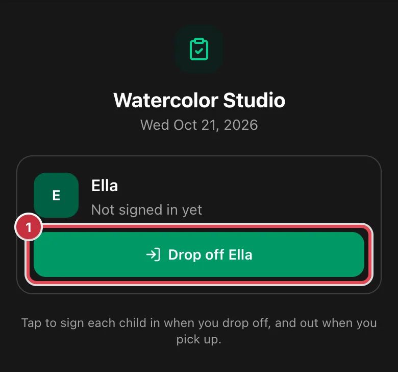 The sign-in page for Watercolor Studio on a phone, with Ella not signed in yet and the Drop off Ella button highlighted