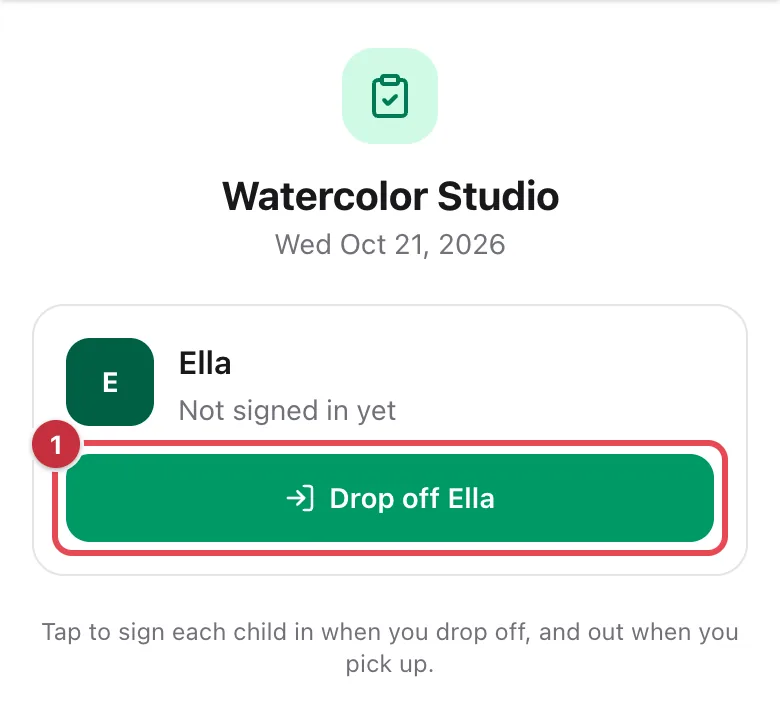 The sign-in page for Watercolor Studio on a phone, with Ella not signed in yet and the Drop off Ella button highlighted