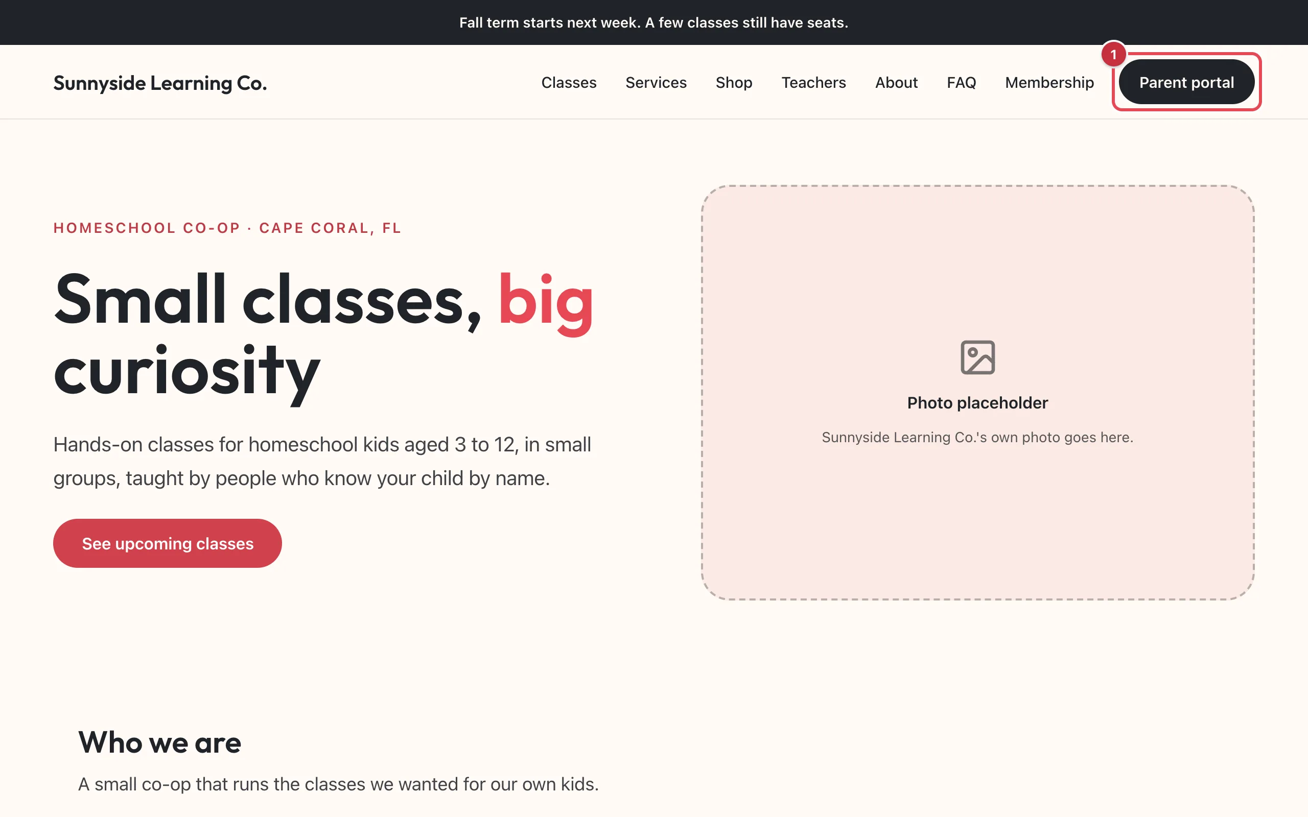 The home page of Sunnyside Learning Co.'s website, with Parent portal at the right end of the menu highlighted as 1